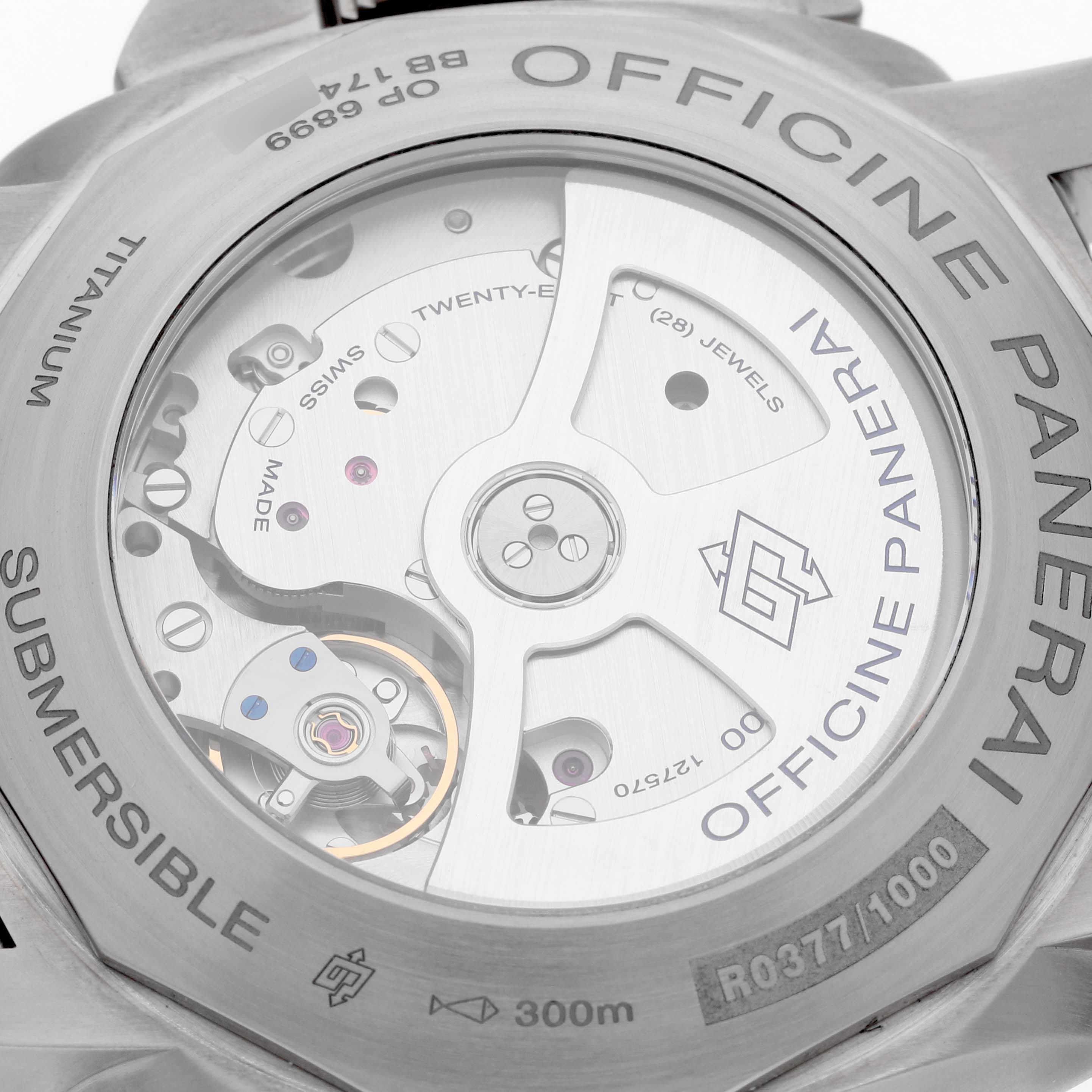 The image shows the back view of a Panerai Submersible PAM00305 Men's Titanium Black Dial PAM00305 Men's Titanium Black Dial watch, highlighting the movement and the engraved titanium case-back.