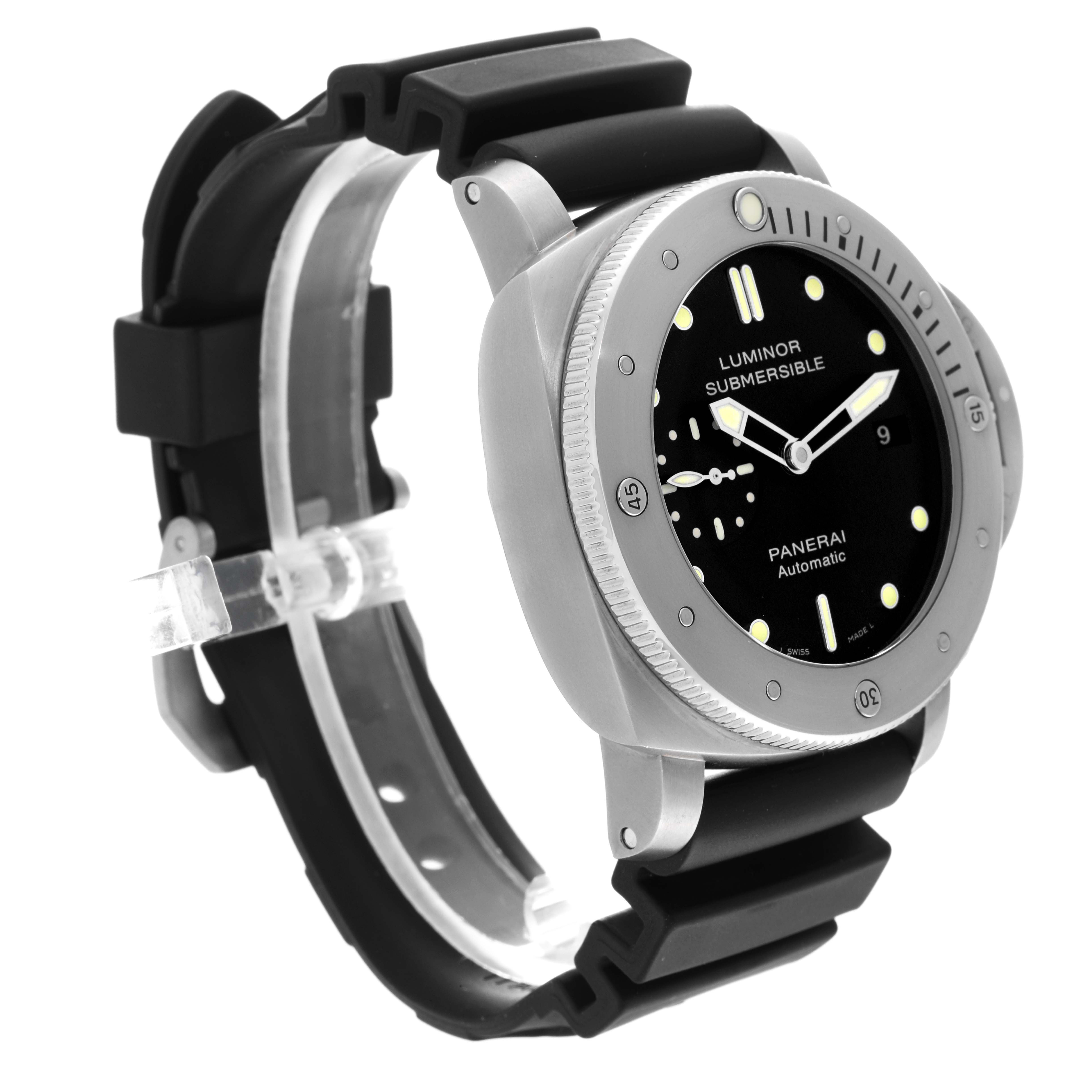 The image shows a Panerai Submersible PAM00305 Men's Titanium Black Dial PAM00305 Men's Titanium Black Dial watch at a slight angle, highlighting its black dial, bezel, and black rubber strap.