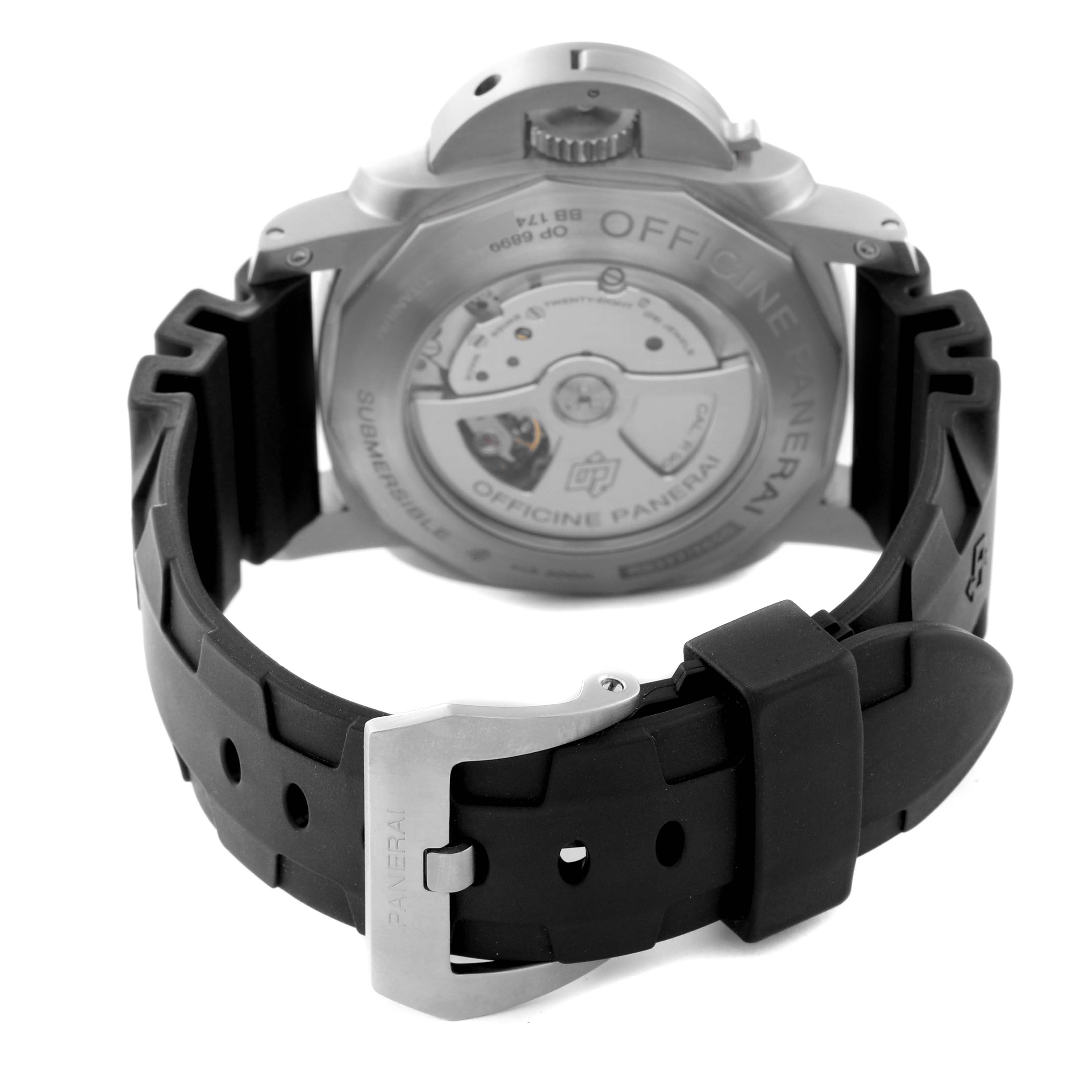 The image shows the rear view of the Panerai Submersible PAM00305 Men's Titanium Black Dial PAM00305 Men's Titanium Black Dial watch, focusing on the case back and rubber strap with buckle.