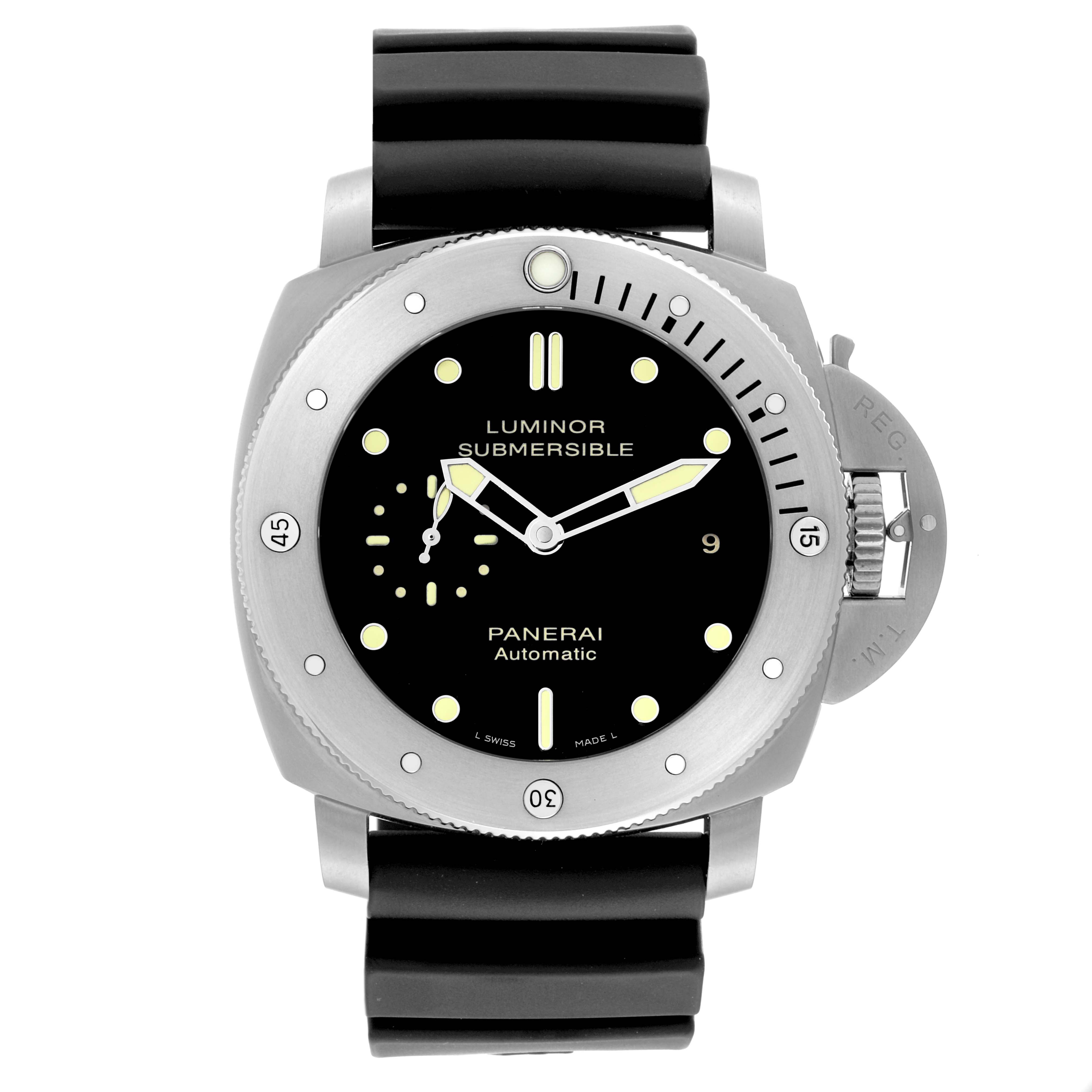 This image shows a front view of a Panerai Luminor Submersible watch including the dial, bezel, and part of the strap.