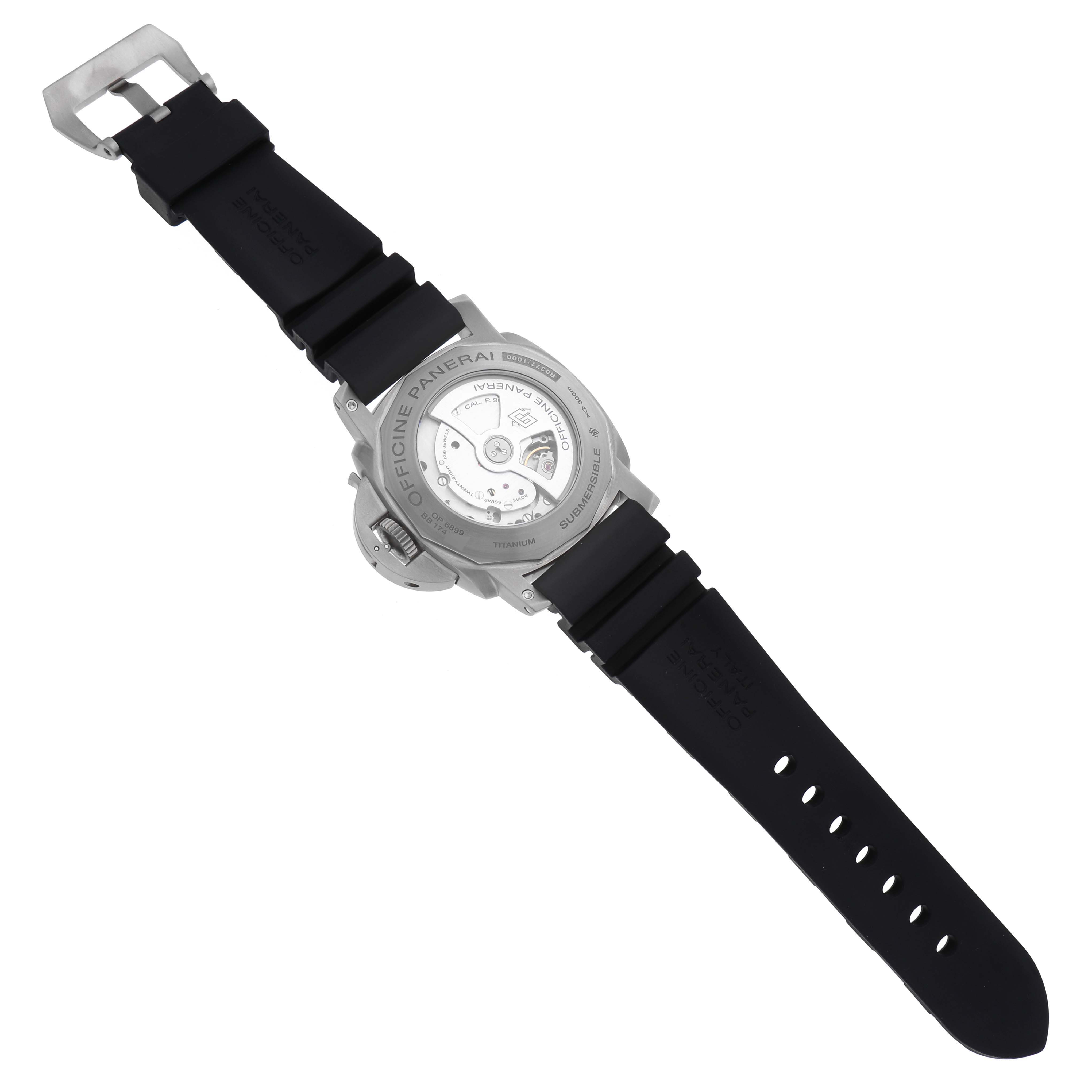 The image shows the back view of a Panerai Submersible PAM00305 Men's Titanium Black Dial PAM00305 Men's Titanium Black Dial watch, highlighting its transparent case back and black rubber strap.