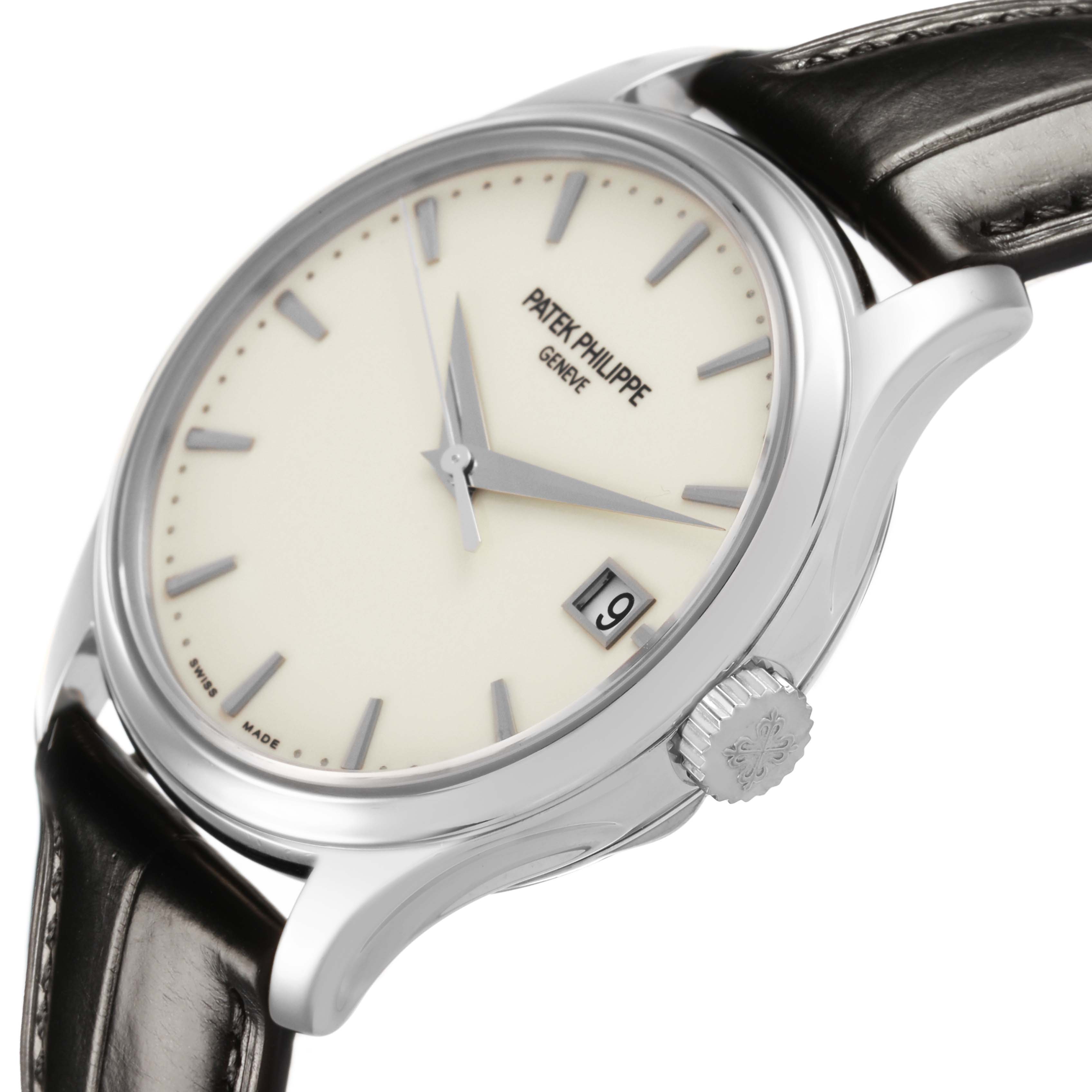 The Patek Philippe Calatrava 5227G-001 Men's White Gold Beige Dial watch is shown at a side angle, displaying the face, crown, and black leather strap.