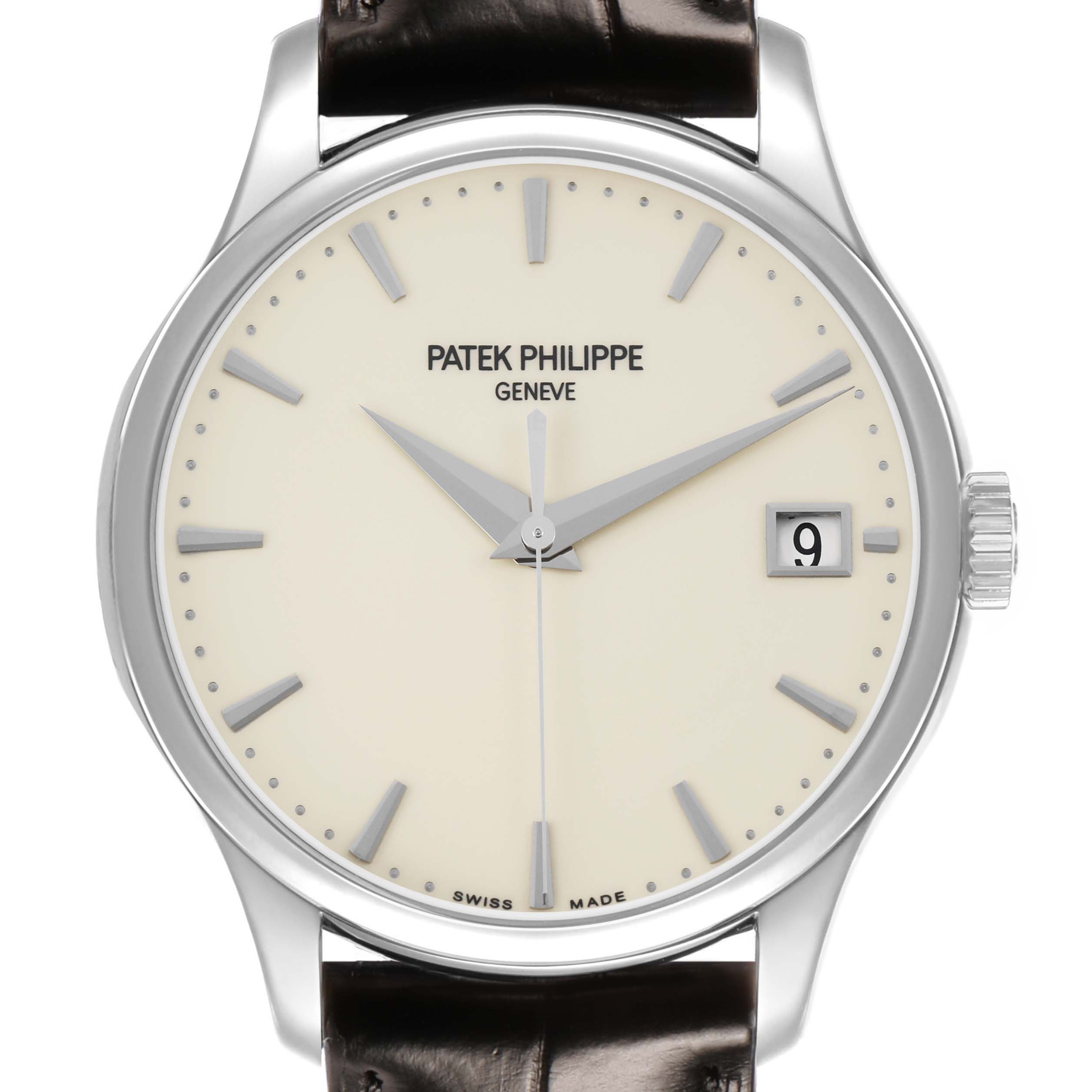 The Patek Philippe Calatrava 5227G-001 Men's White Gold Beige Dial watch is shown from a front angle, highlighting its dial, date window, and leather strap.