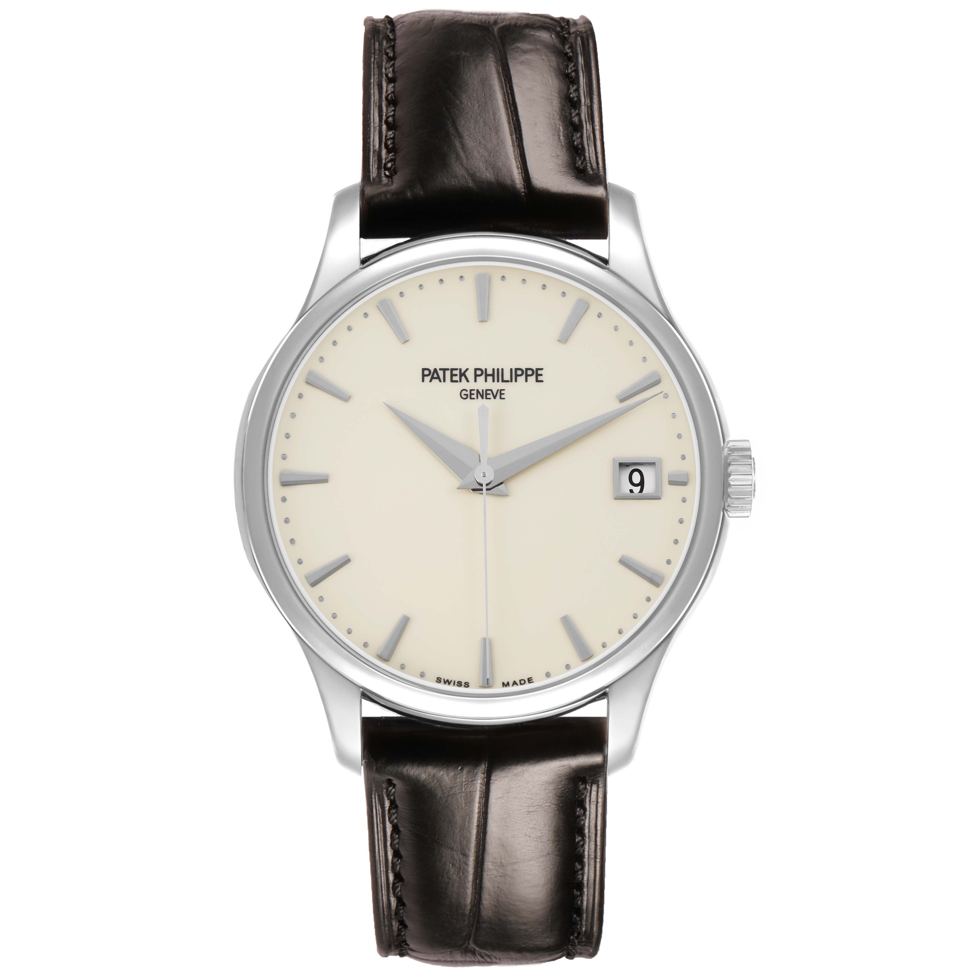 The Patek Philippe Calatrava 5227G-001 Men's White Gold Beige Dial watch is shown from the front, displaying its dial, hands, date window, case, and strap.