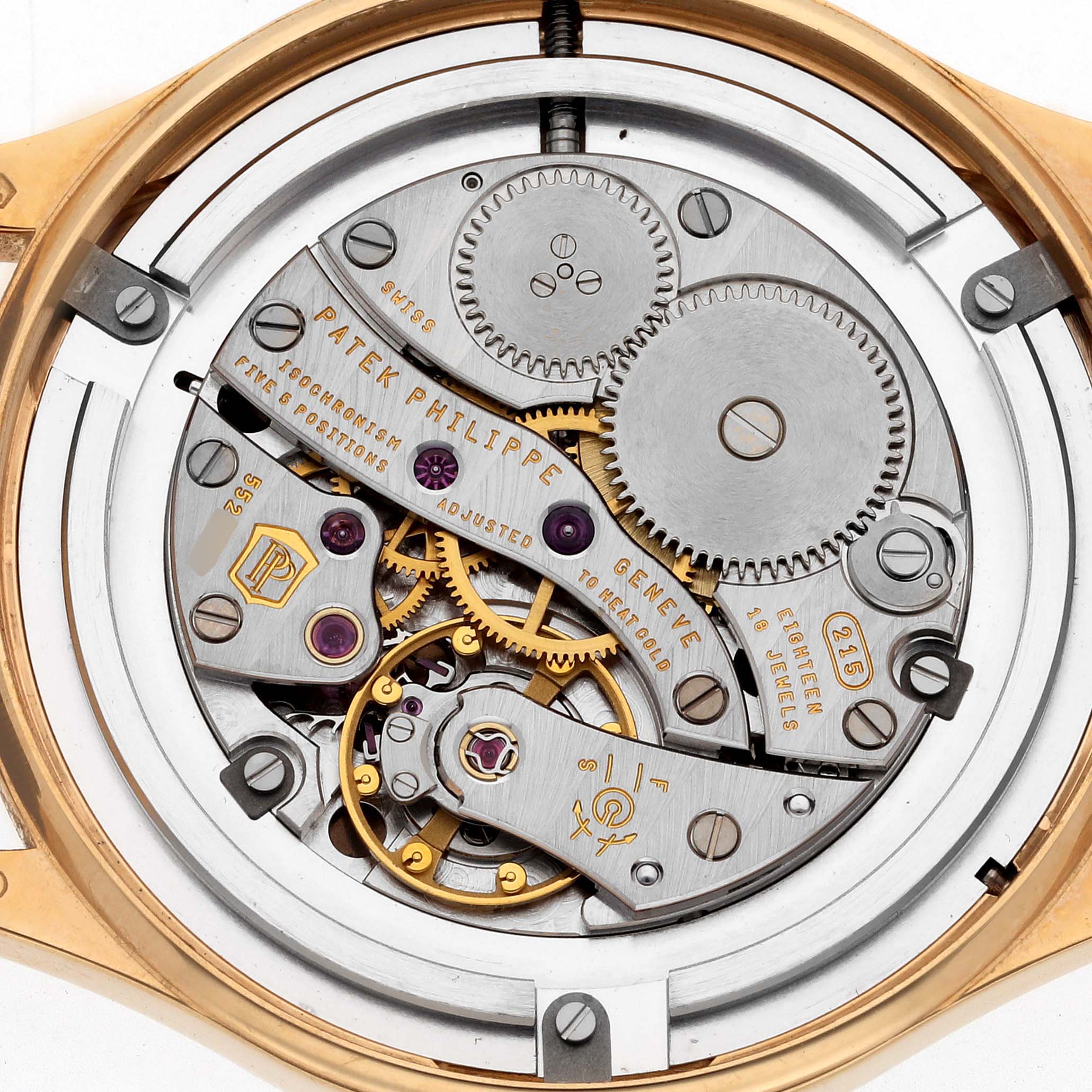 The image shows the movement and inner workings of the Patek Philippe Calatrava 4897R-001 Women's Rose Gold Brown Dial 4897R-001 Women's Rose Gold Brown Dial watch viewed from the back.