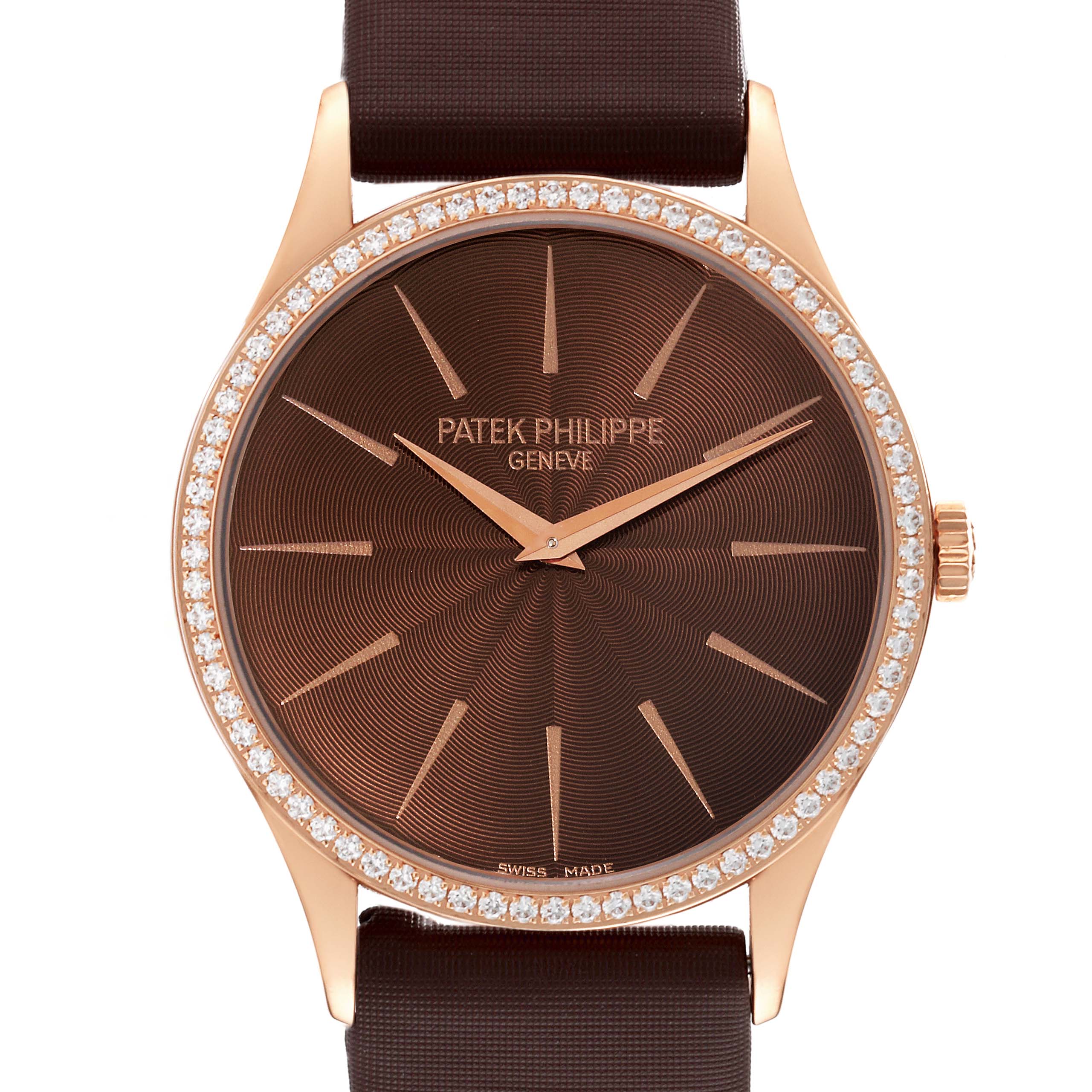 This image shows a front view of a Patek Philippe Calatrava 4897R-001 Women's Rose Gold Brown Dial 4897R-001 Women's Rose Gold Brown Dial watch featuring a brown dial and diamond-set bezel.
