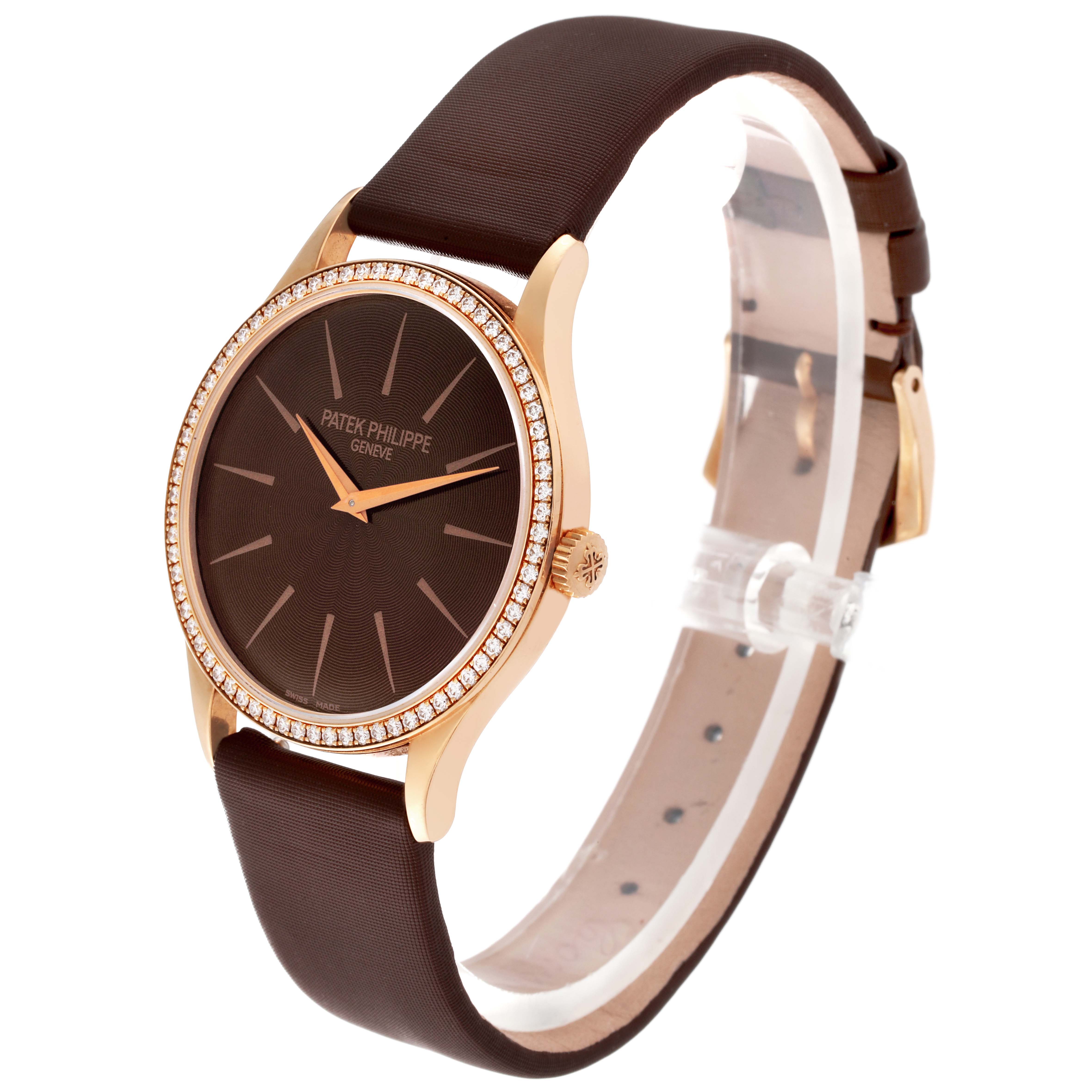 The image shows a Patek Philippe Calatrava 4897R-001 Women's Rose Gold Brown Dial 4897R-001 Women's Rose Gold Brown Dial watch at a three-quarter angle, highlighting the face, bezel, and strap.