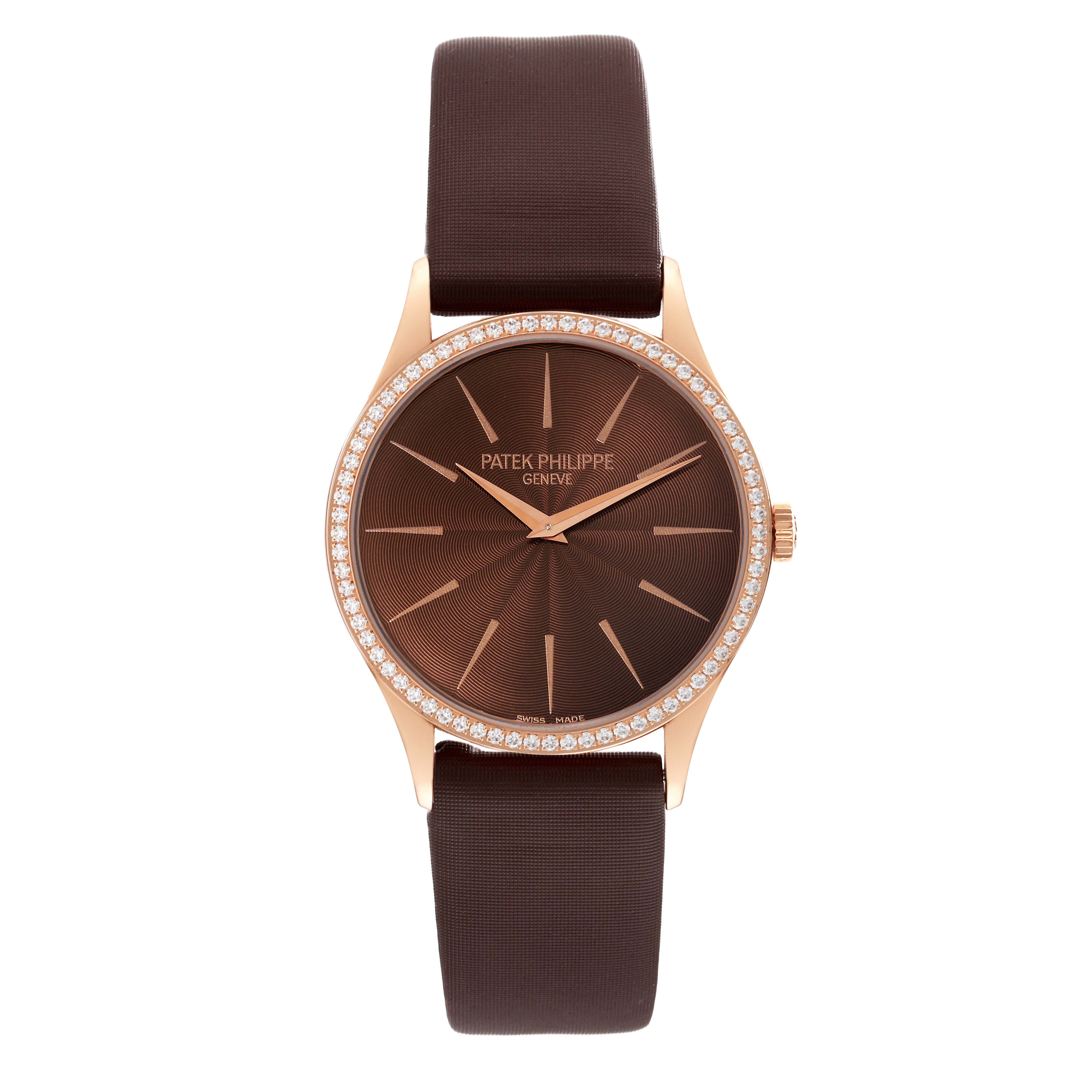 The image shows a full frontal view of the Patek Philippe Calatrava 4897R-001 Women's Rose Gold Brown Dial 4897R-001 Women's Rose Gold Brown Dial watch, highlighting its dial, case, bezel, and strap.