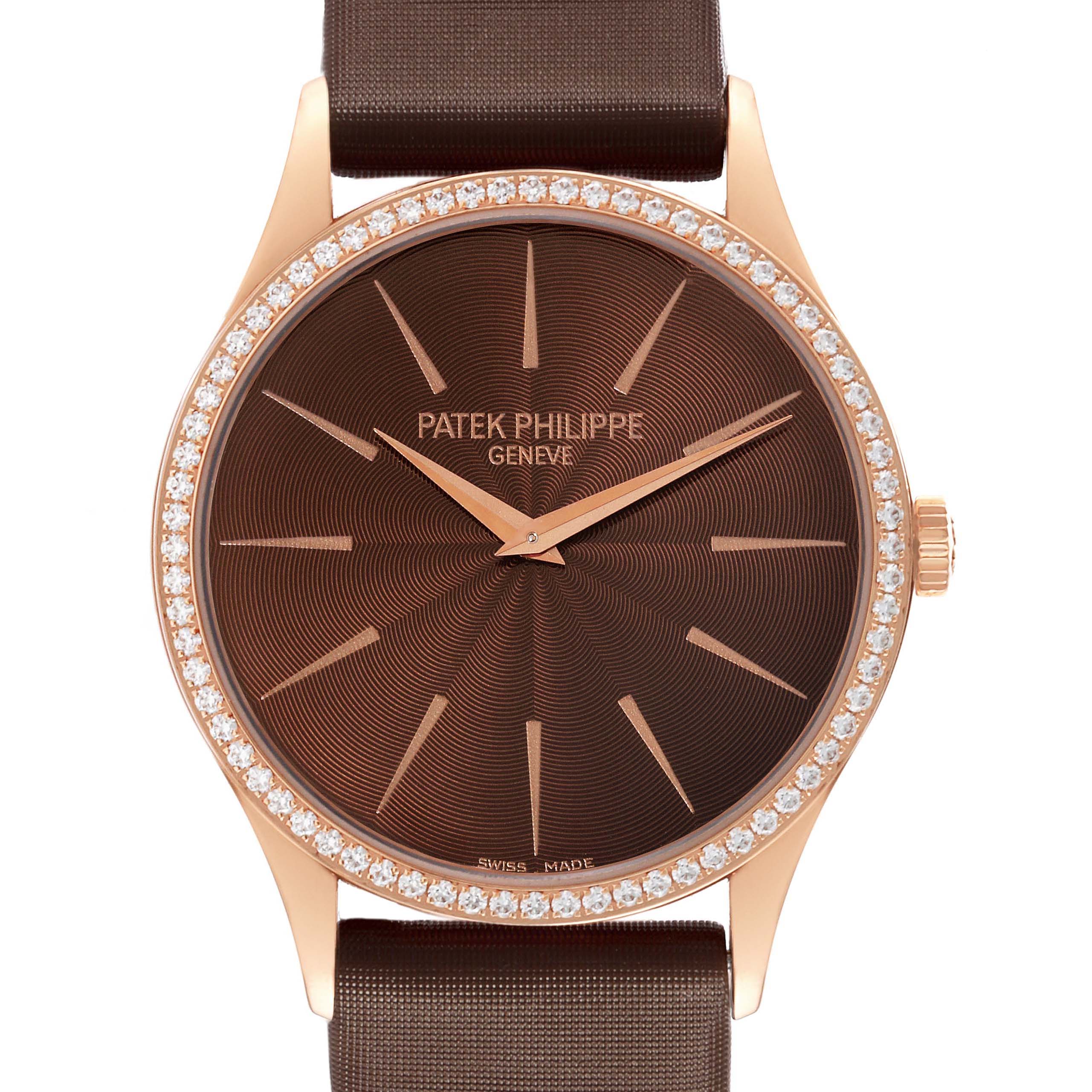 The Patek Philippe Calatrava 4897R-001 Women's Rose Gold Brown Dial watch is shown from the front, highlighting the dial, bezel, and strap.