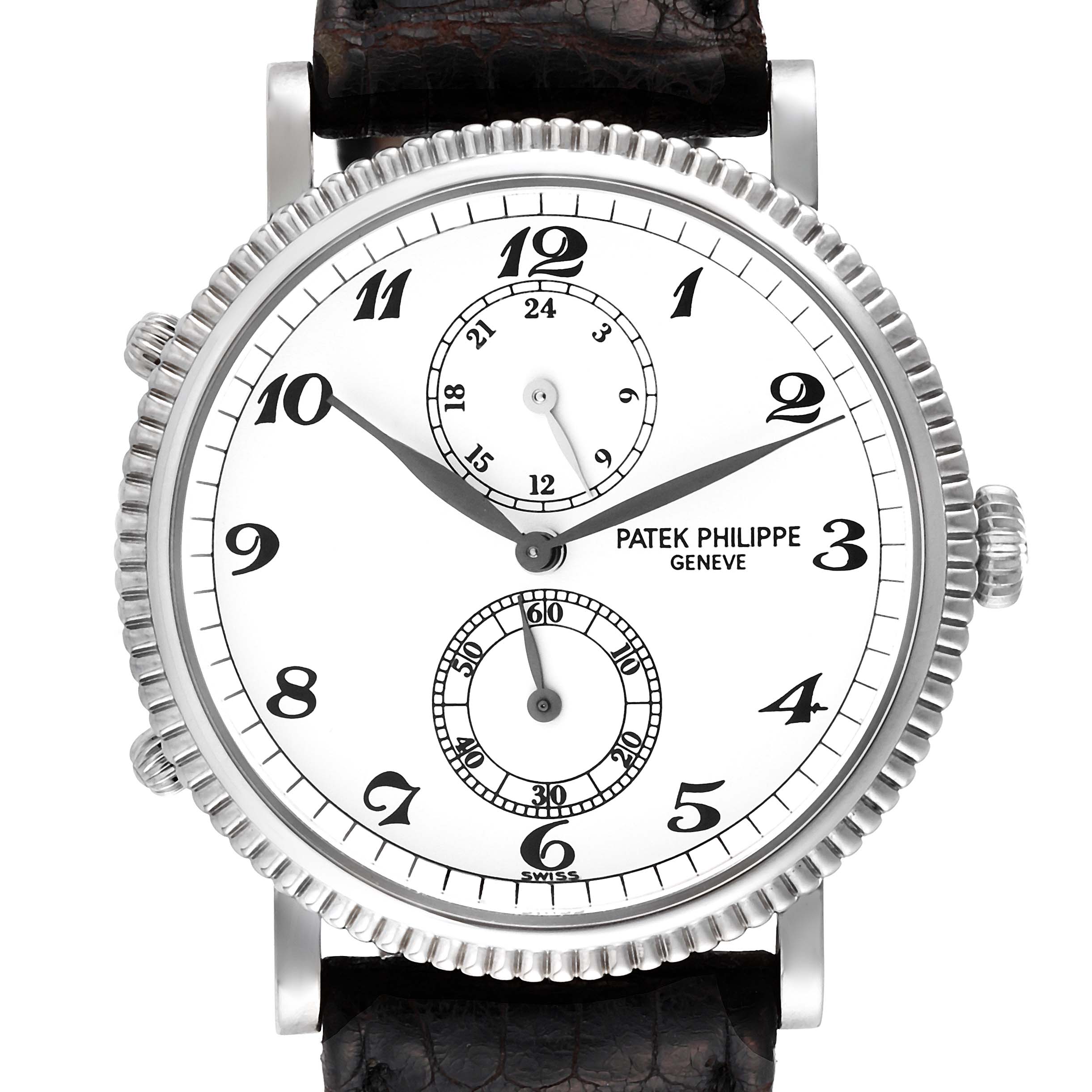 This image shows the face of a Patek Philippe Calatrava 5034G Men
s White Gold White Dial 5034G Men
s White Gold White Dial watch from a front angle.