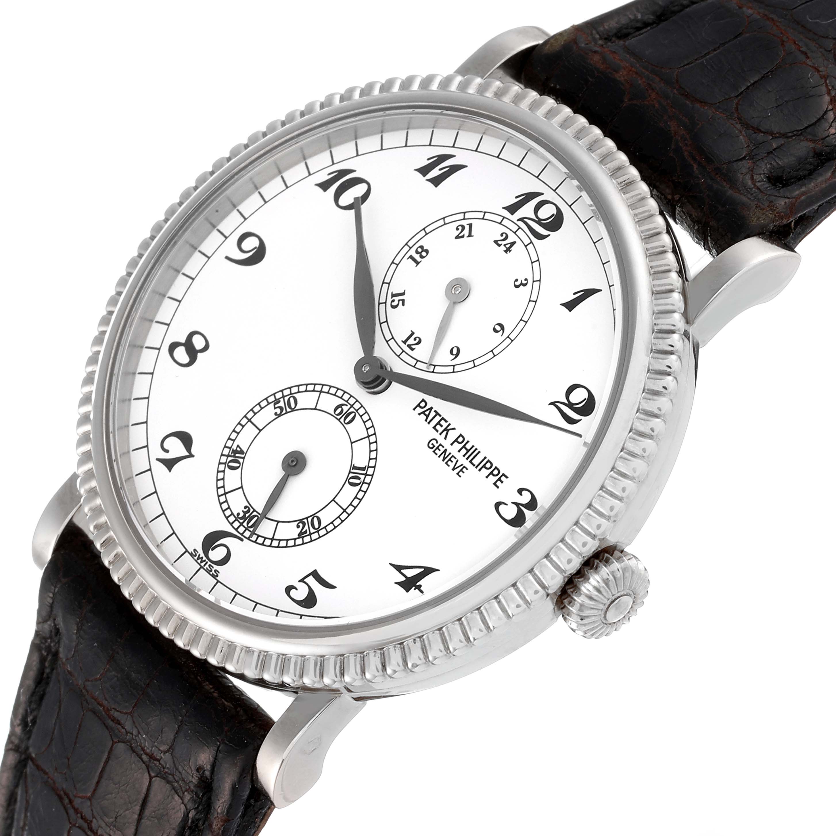 The Patek Philippe Calatrava 5034G Men
s White Gold White Dial 5034G Men
s White Gold White Dial watch is shown at an angle displaying the face, bezel, crown, and strap.