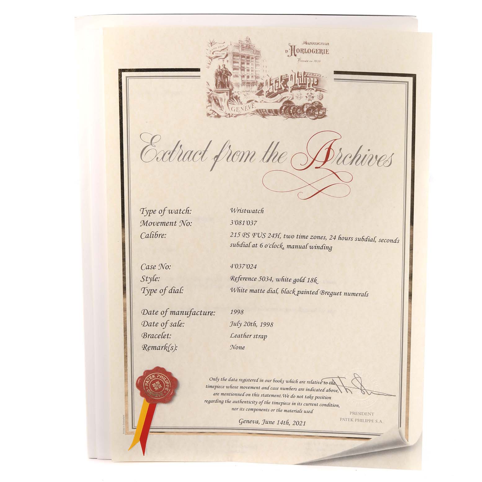 The image shows a Patek Philippe Calatrava 5034G Men
s White Gold White Dial 5034G Men
s White Gold White Dial Extract from the Archives document at a slight angle.