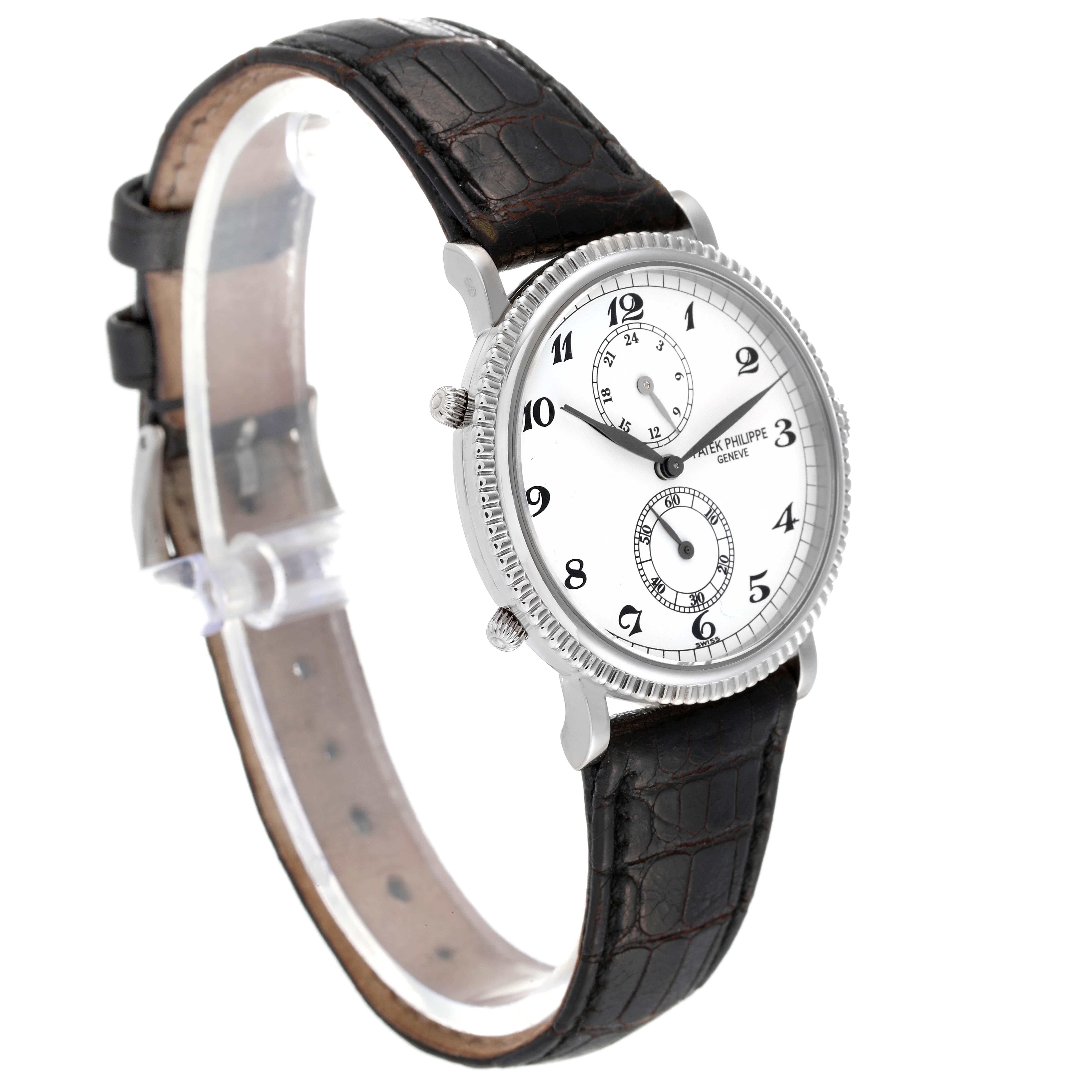 The image shows a Patek Philippe Calatrava 5034G Men
s White Gold White Dial 5034G Men
s White Gold White Dial watch from a front angle, focusing on the face and black leather strap.