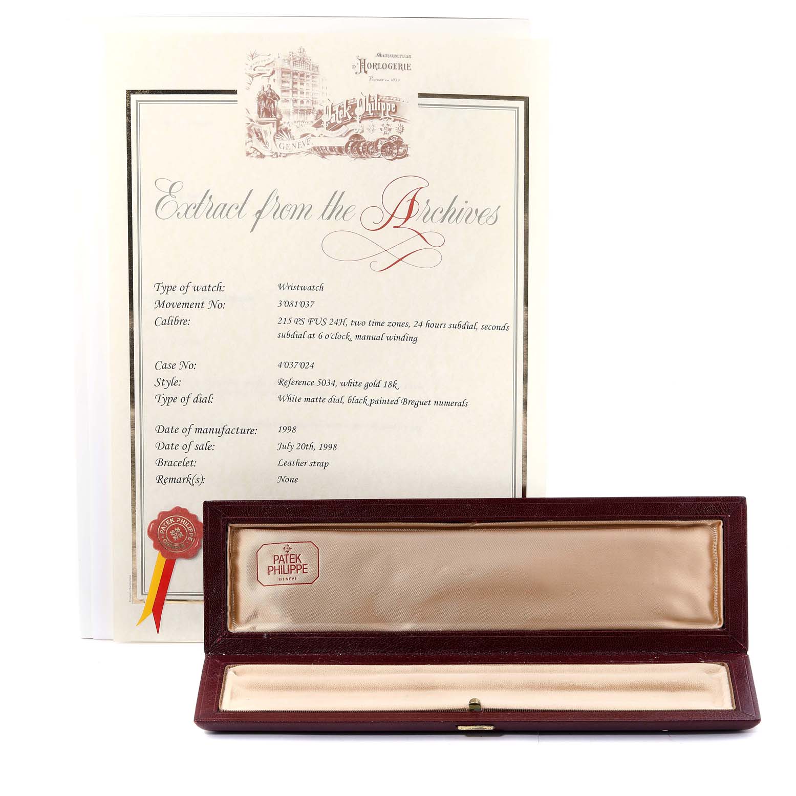 The image shows a certificate and luxurious box for a Patek Philippe Calatrava 5034G Men
s White Gold White Dial 5034G Men
s White Gold White Dial watch.