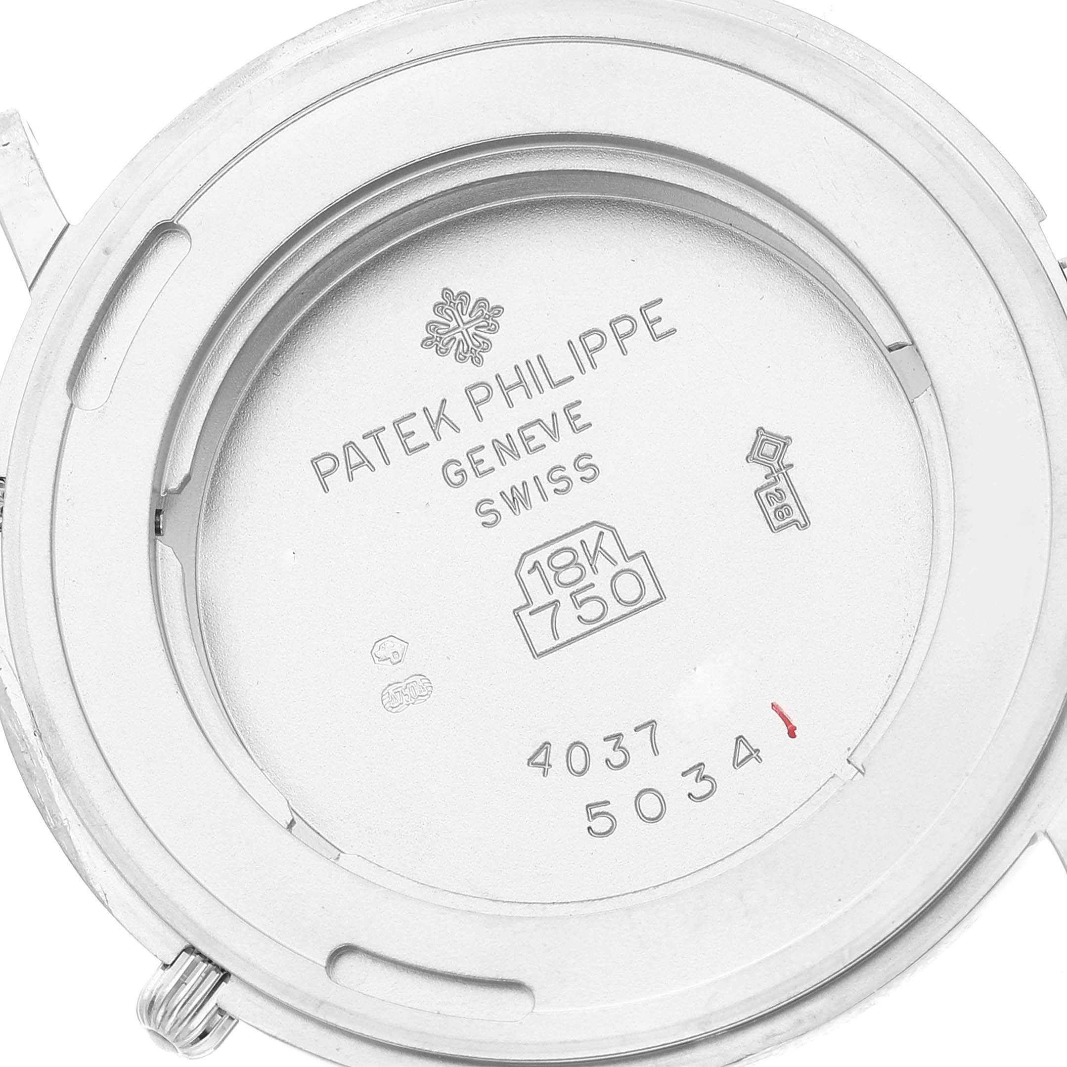 This is the back cover of a Patek Philippe Calatrava 5034G Men
s White Gold White Dial 5034G Men
s White Gold White Dial watch, showing the engraved branding and material details.