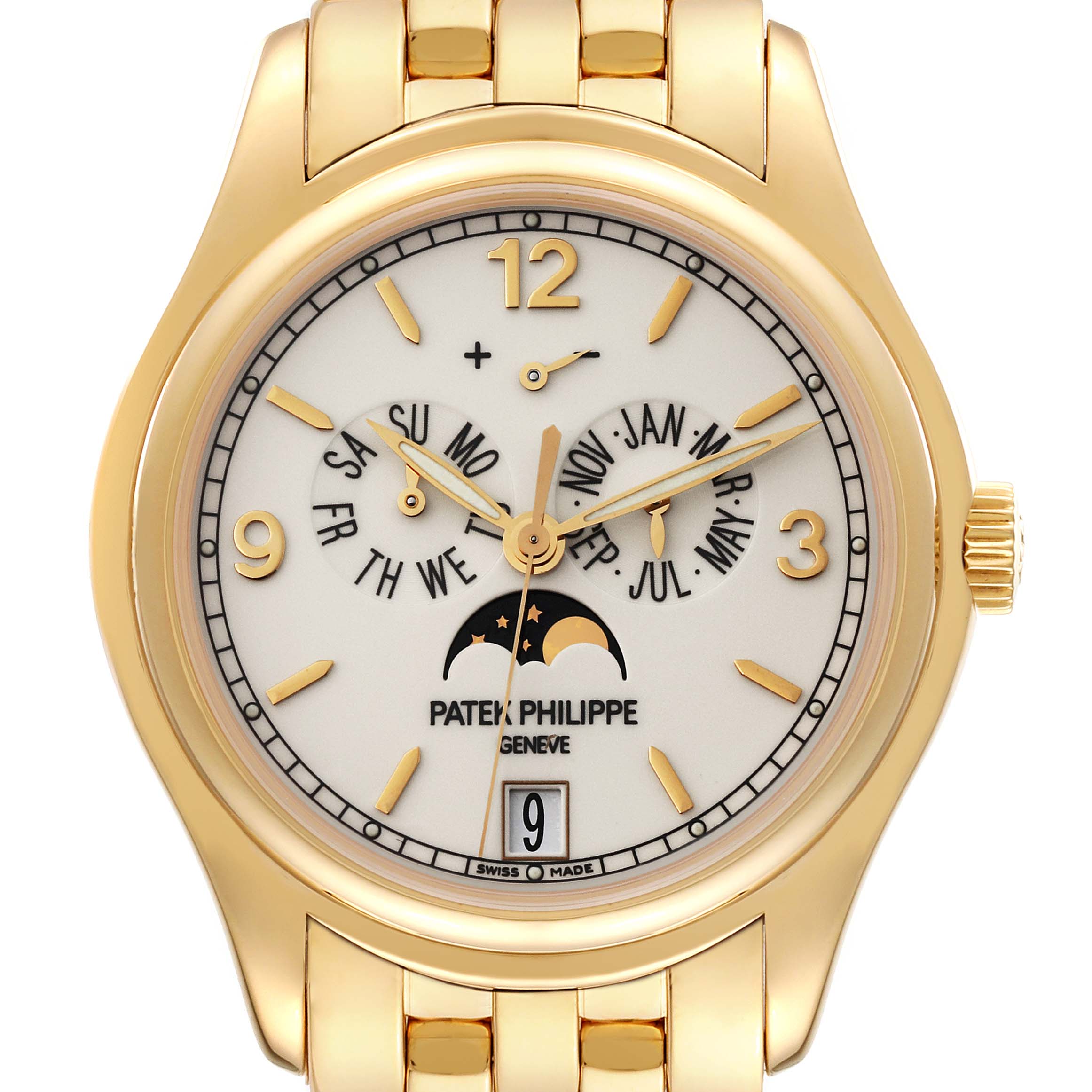 The image shows a straight-on view of the Patek Philippe Complications 5146J Men's Yellow Gold White Dial 5146J Men's Yellow Gold White Dial watch, highlighting the face, dial, and parts of the bracelet.