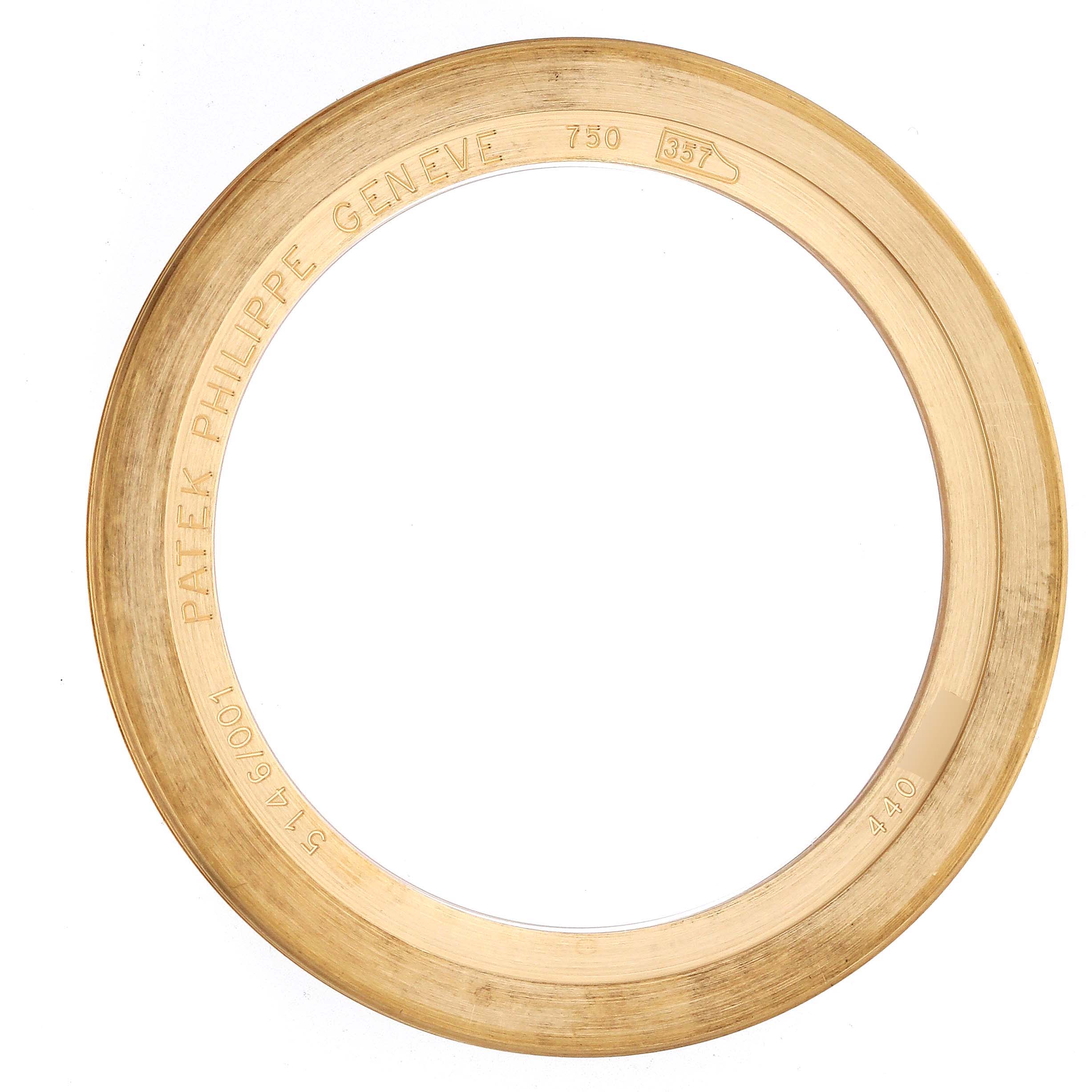 This image shows a gold bezel for the Patek Philippe Complications 5146J Men's Yellow Gold White Dial 5146J Men's Yellow Gold White Dial model, viewed from the top angle.