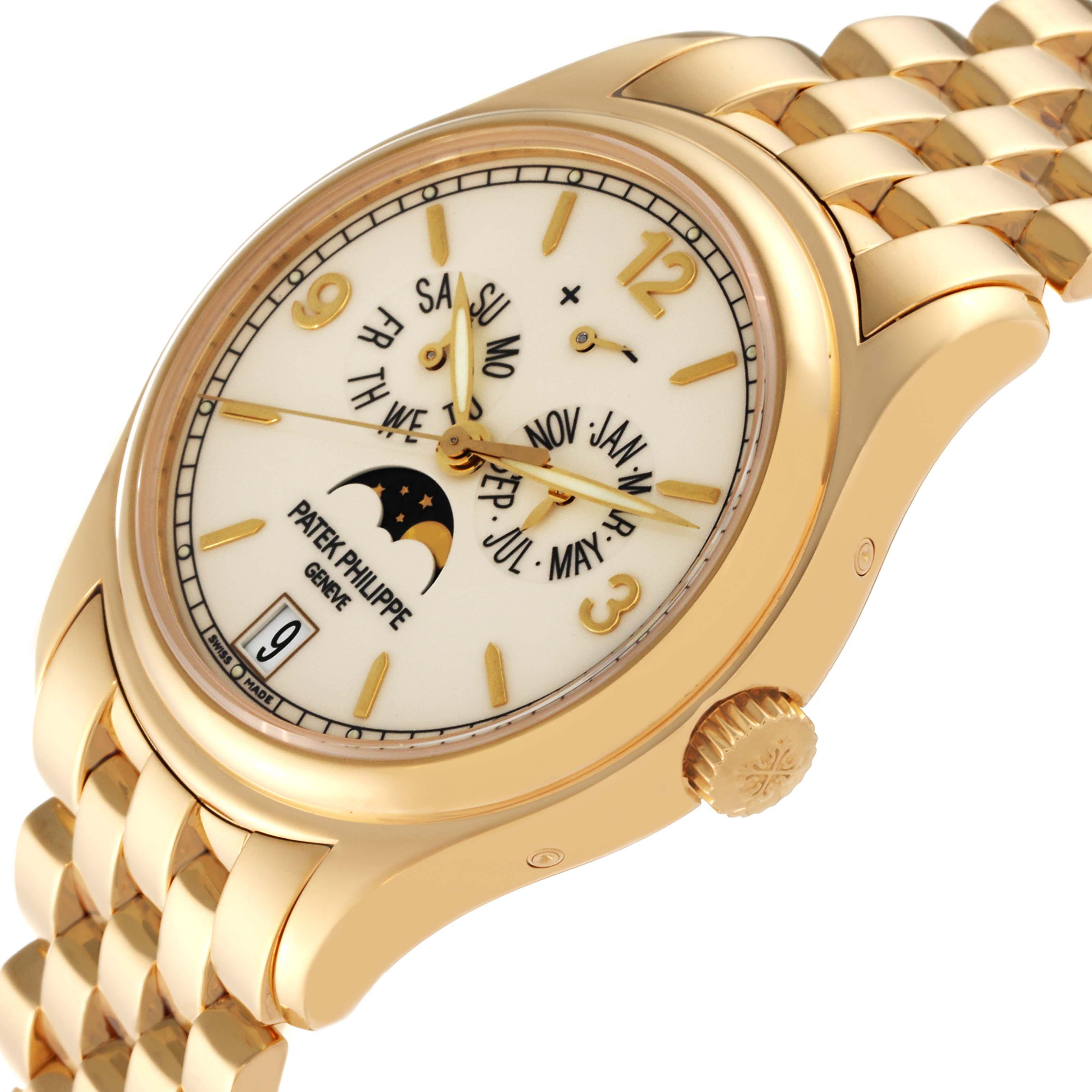 This is a Patek Philippe Complications 5146J Men's Yellow Gold White Dial 5146J Men's Yellow Gold White Dial model shown at an angled side view, displaying the face, crown, and part of the bracelet.
