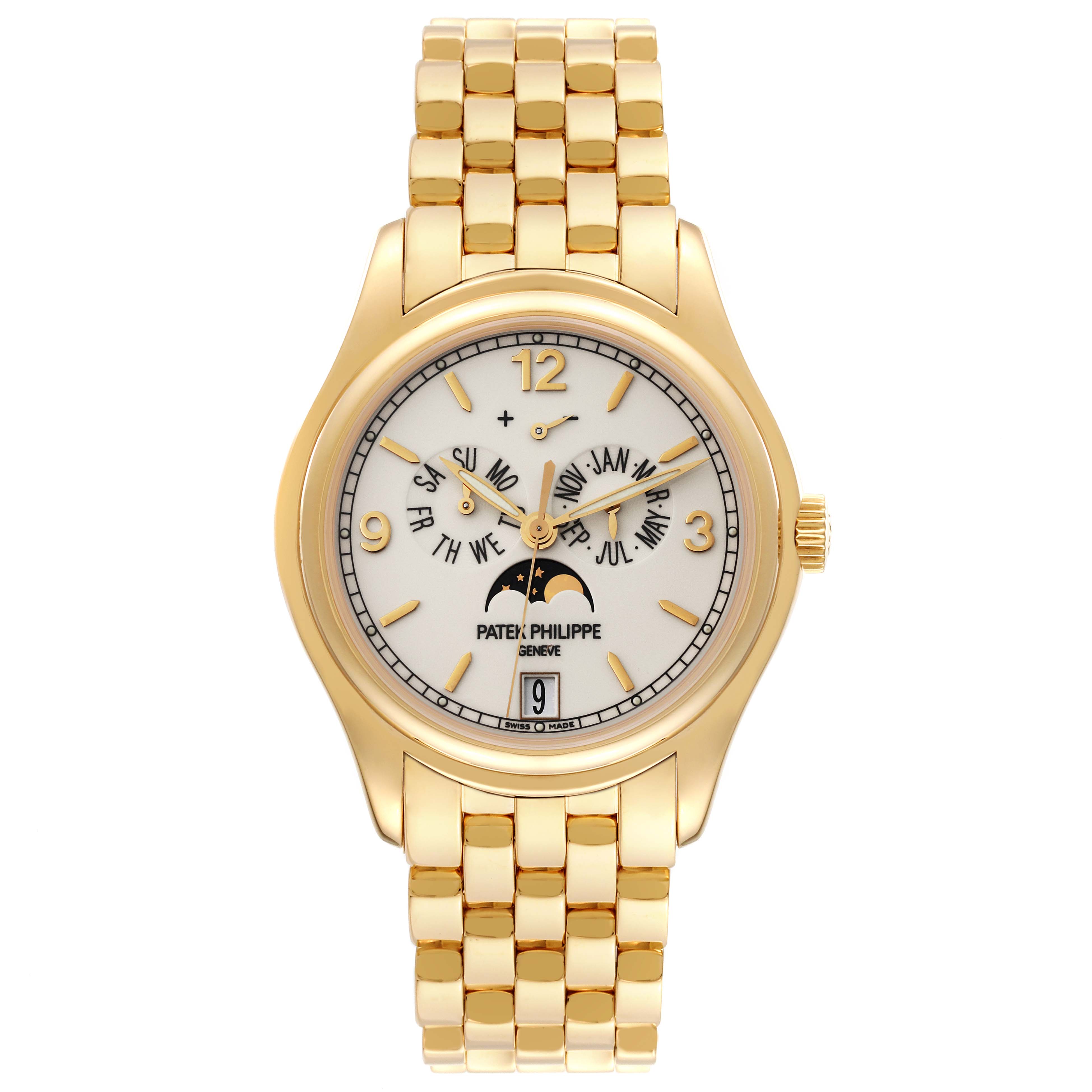 This image shows the front view of a gold Patek Philippe Complications 5146J Men's Yellow Gold White Dial 5146J Men's Yellow Gold White Dial watch, displaying the face, bracelet, and crown.