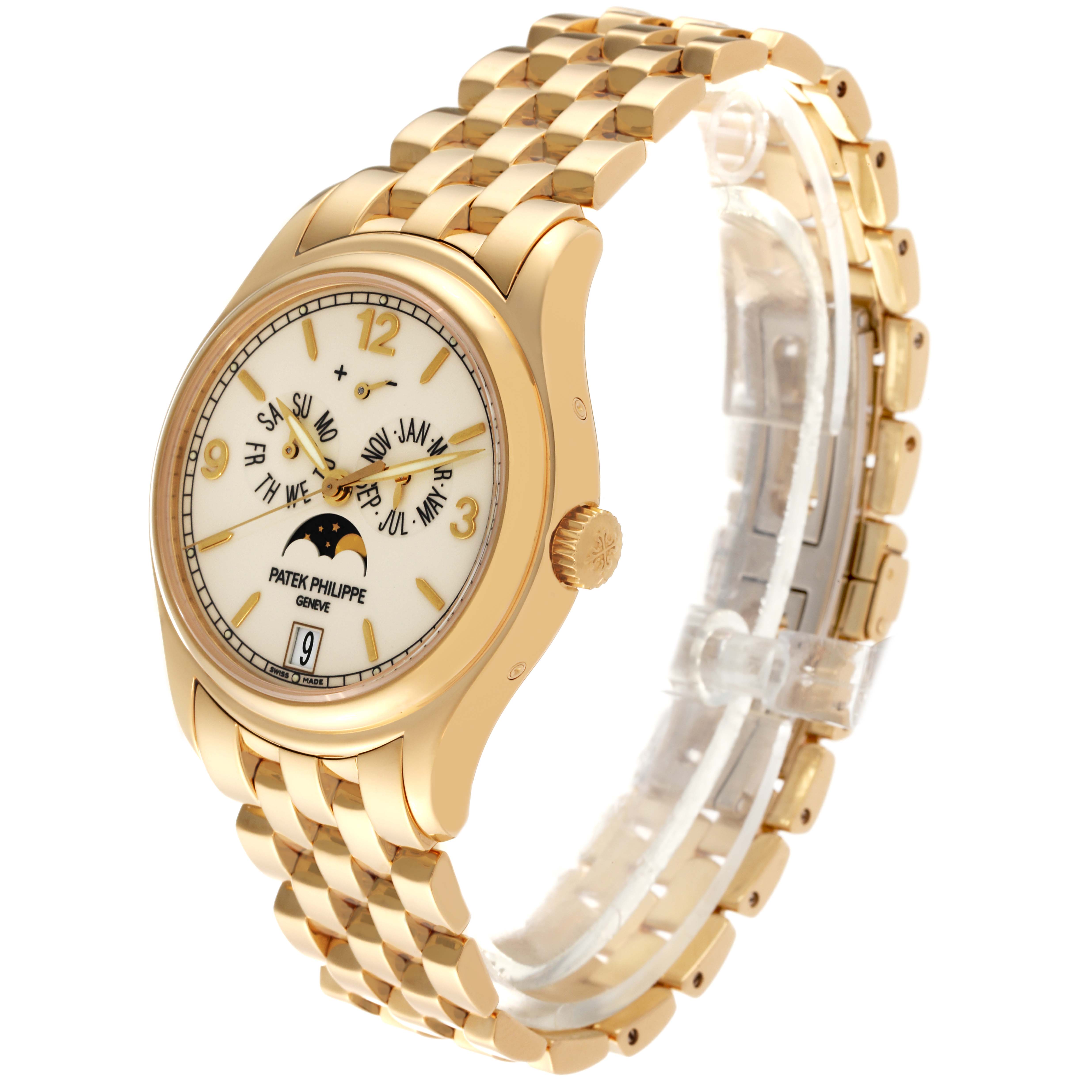 This image shows a Patek Philippe Complications 5146J Men's Yellow Gold White Dial 5146J Men's Yellow Gold White Dial model watch at a three-quarter angle, displaying its face, bezel, crown, and bracelet.