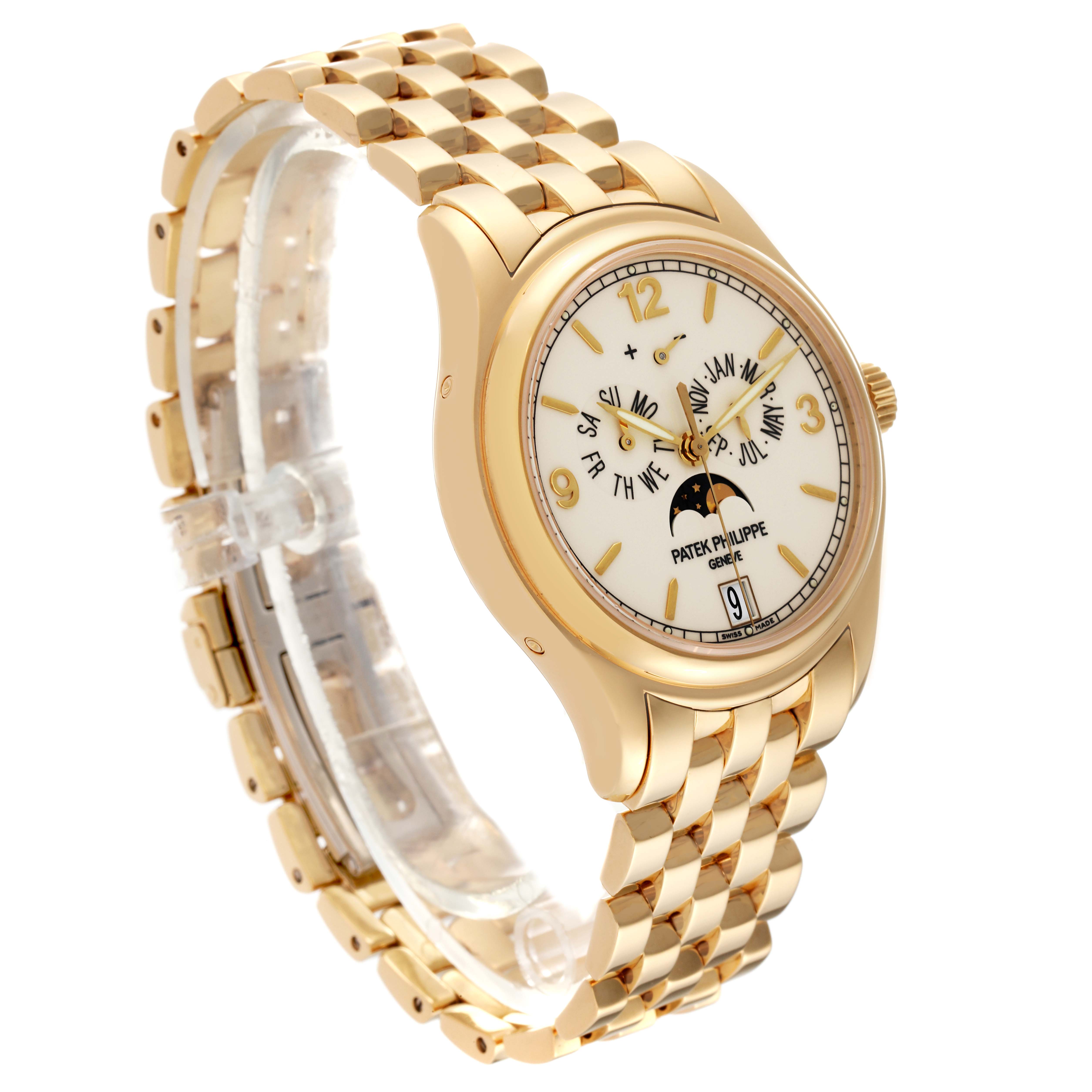 The image shows a Patek Philippe Complications 5146J Men's Yellow Gold White Dial 5146J Men's Yellow Gold White Dial model watch at a three-quarter angle highlighting the face, bracelet, and side profile.