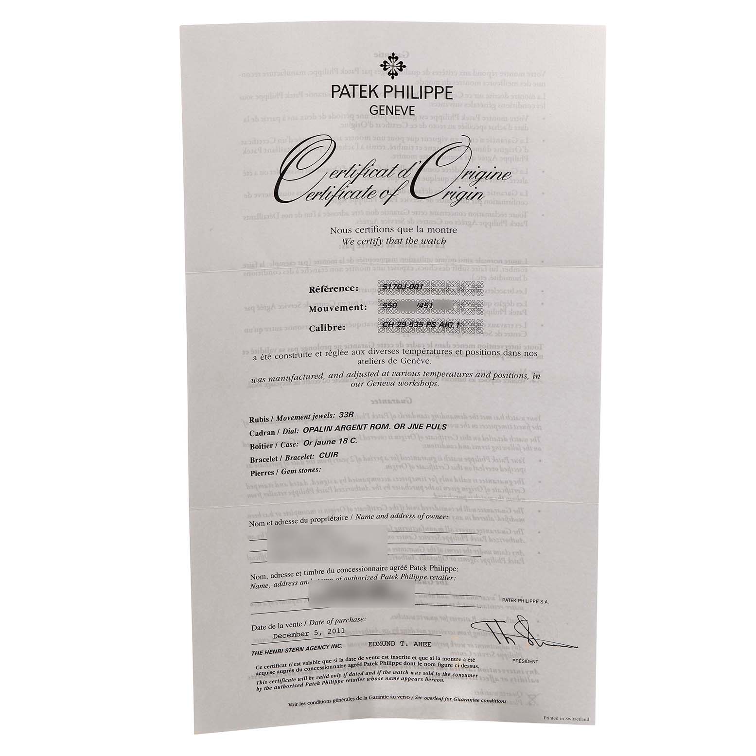 The image shows a Certificate of Origin for a Patek Philippe Complications 5170J-001 Men's Yellow Gold Silver Dial model, detailing its specifications.