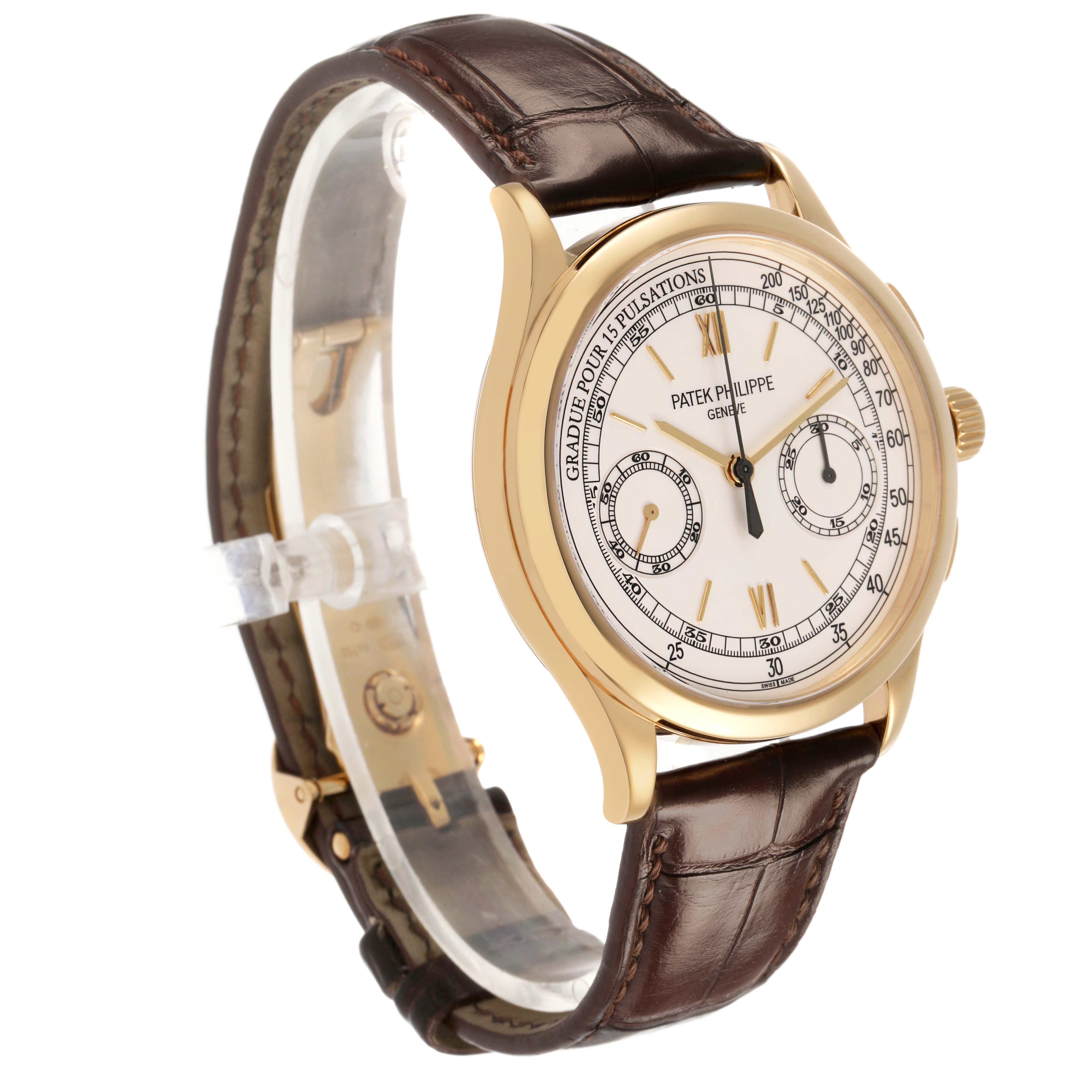 The Patek Philippe Complications 5170J-001 Men's Yellow Gold Silver Dial watch is shown at a 3/4 angle, highlighting the face, hands, and leather strap.