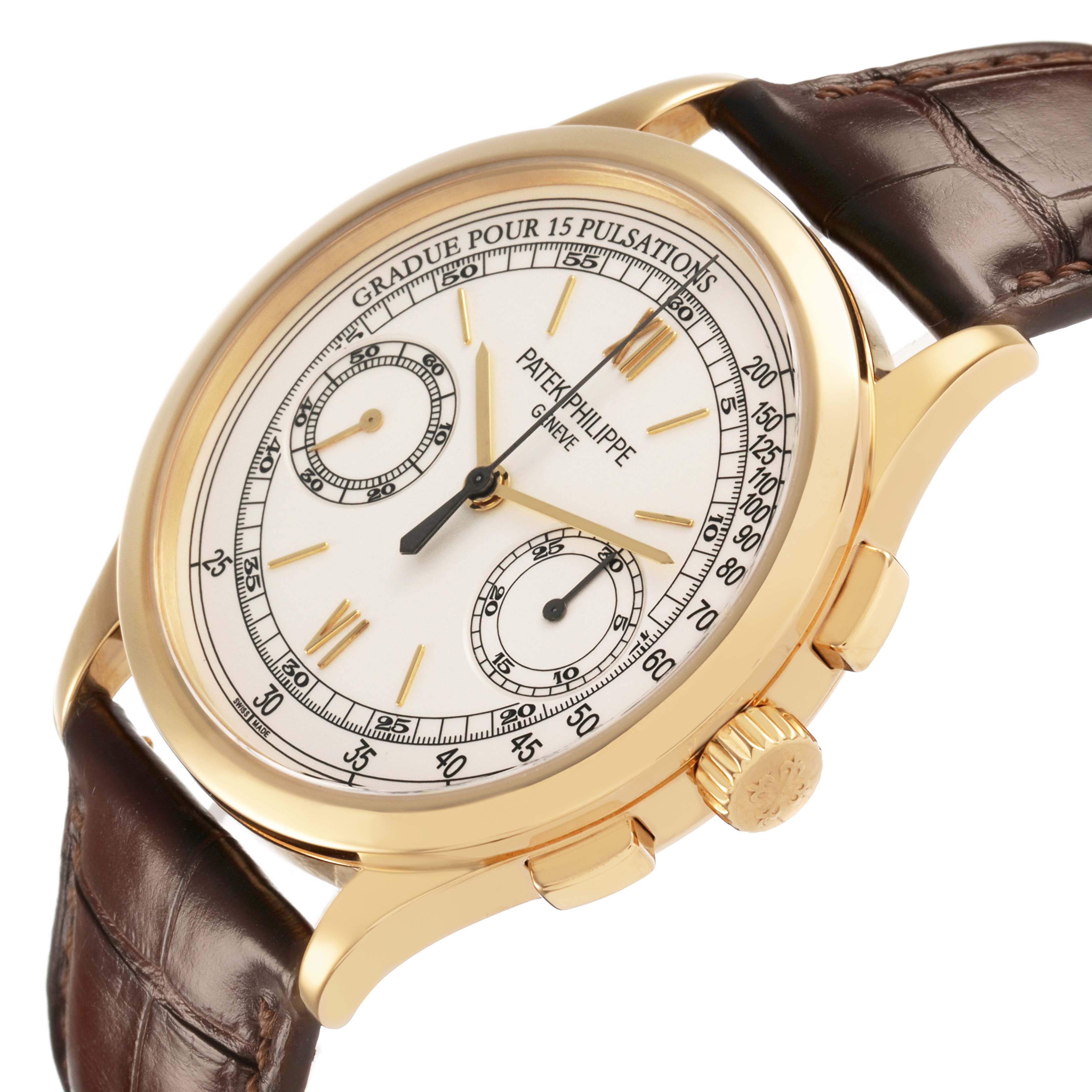 The Patek Philippe Complications 5170J-001 Men's Yellow Gold Silver Dial watch is shown at a slightly tilted angle, highlighting the dial, bezel, crown, and pushers.