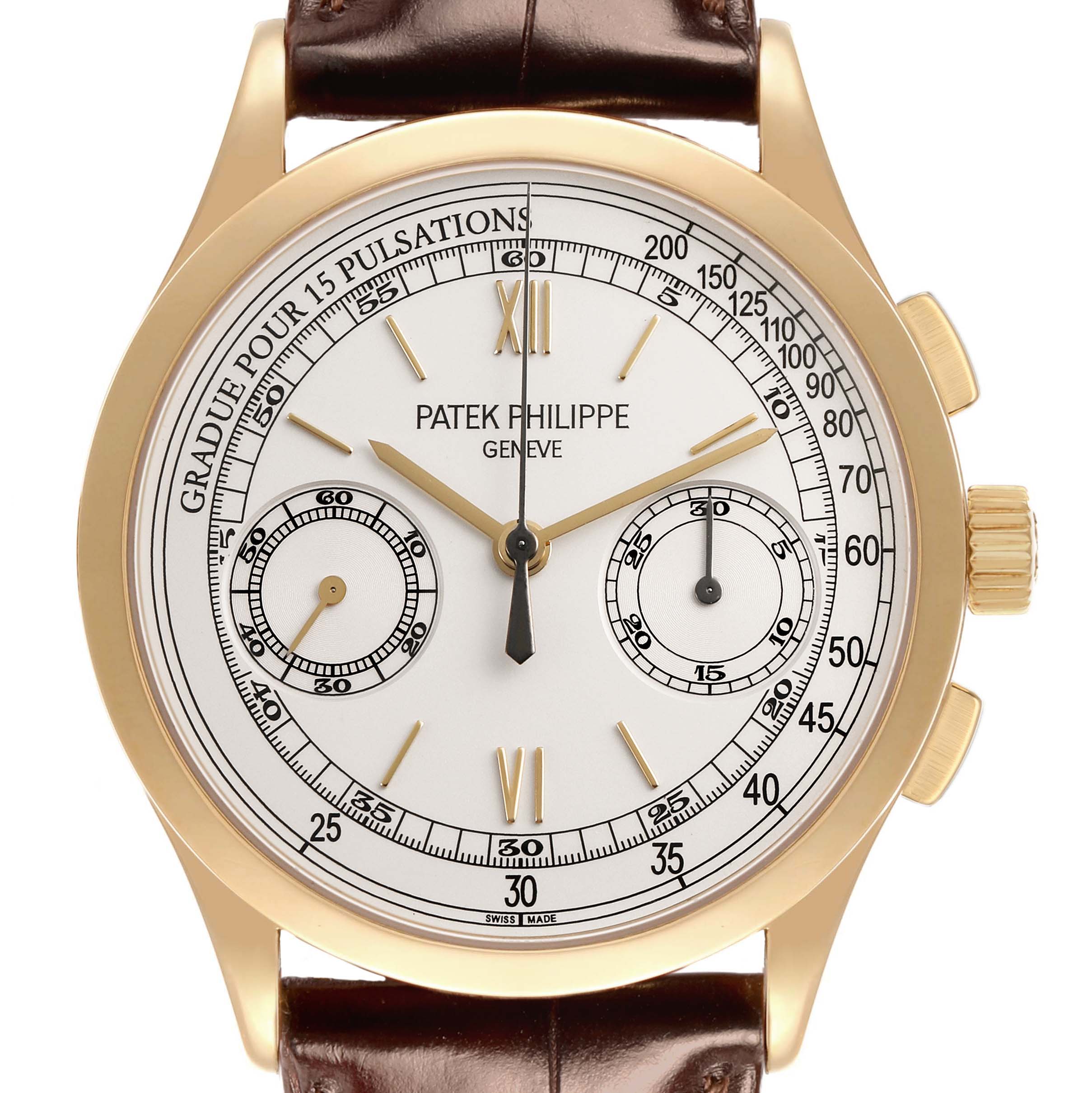 The Patek Philippe Complications 5170J-001 Men's Yellow Gold Silver Dial watch is shown from a front angle, highlighting the dial, sub-dials, and gold case.