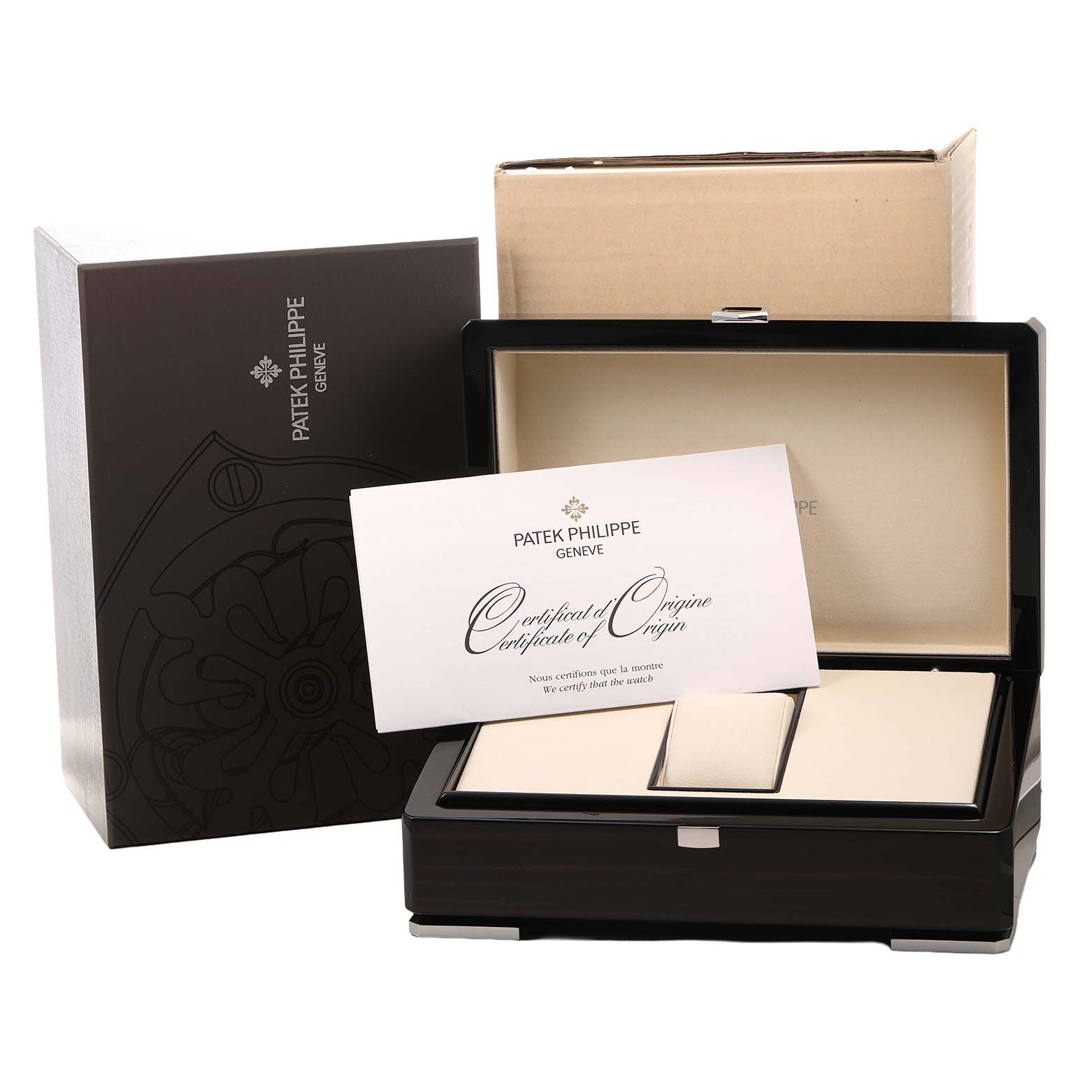 The image shows the packaging and certificate for a Patek Philippe Complications 5170J-001 Men's Yellow Gold Silver Dial model, including an open watch box and document.