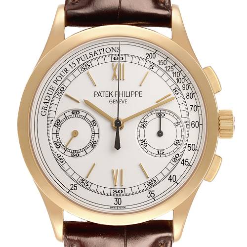 The Patek Philippe Complications 5170J-001 Men's Yellow Gold Silver Dial watch is shown from a front angle, highlighting the dial, subdials, and chronograph pushers.