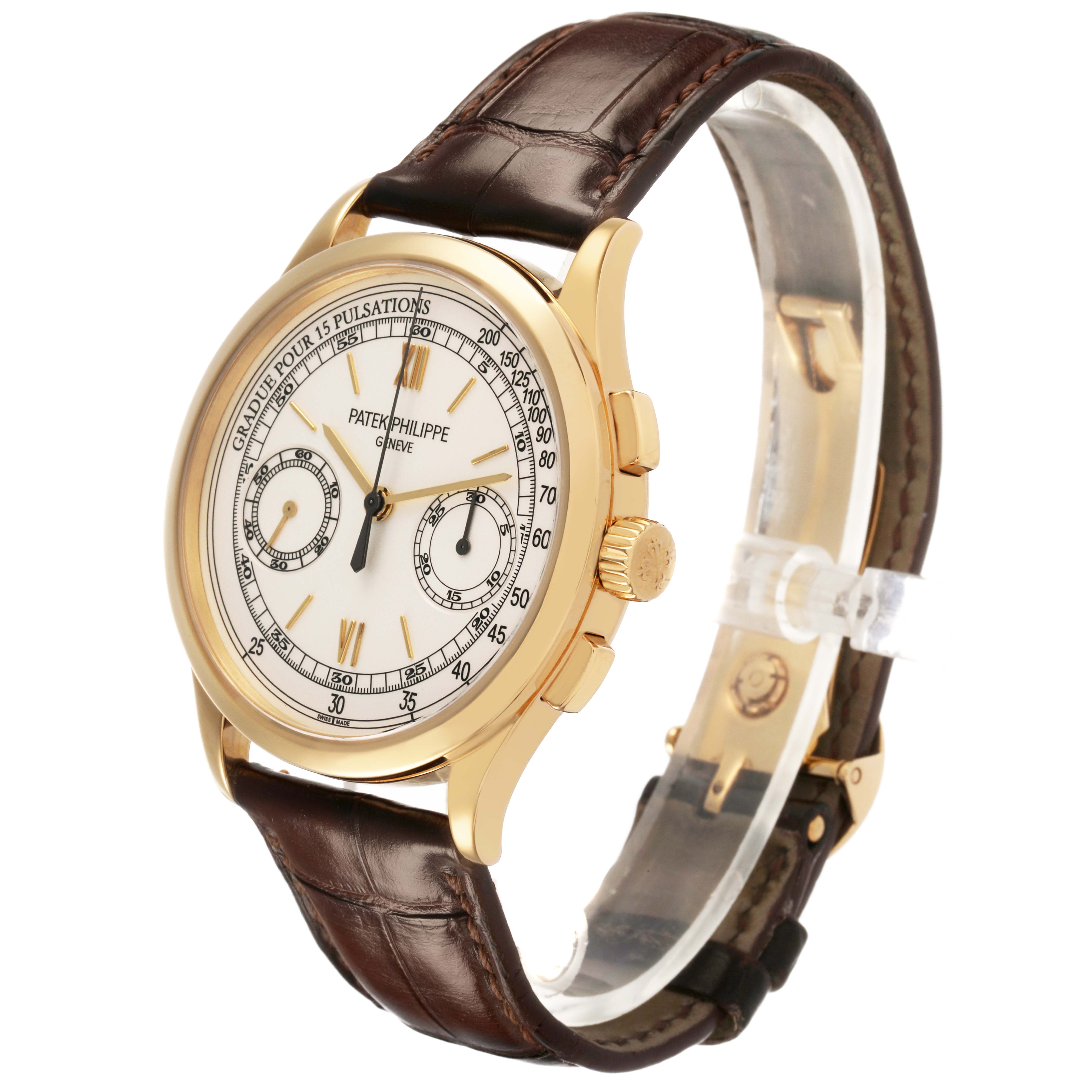 The Patek Philippe Complications 5170J-001 Men's Yellow Gold Silver Dial watch is shown at a side angle highlighting the dial, crown, pushers, and leather strap.