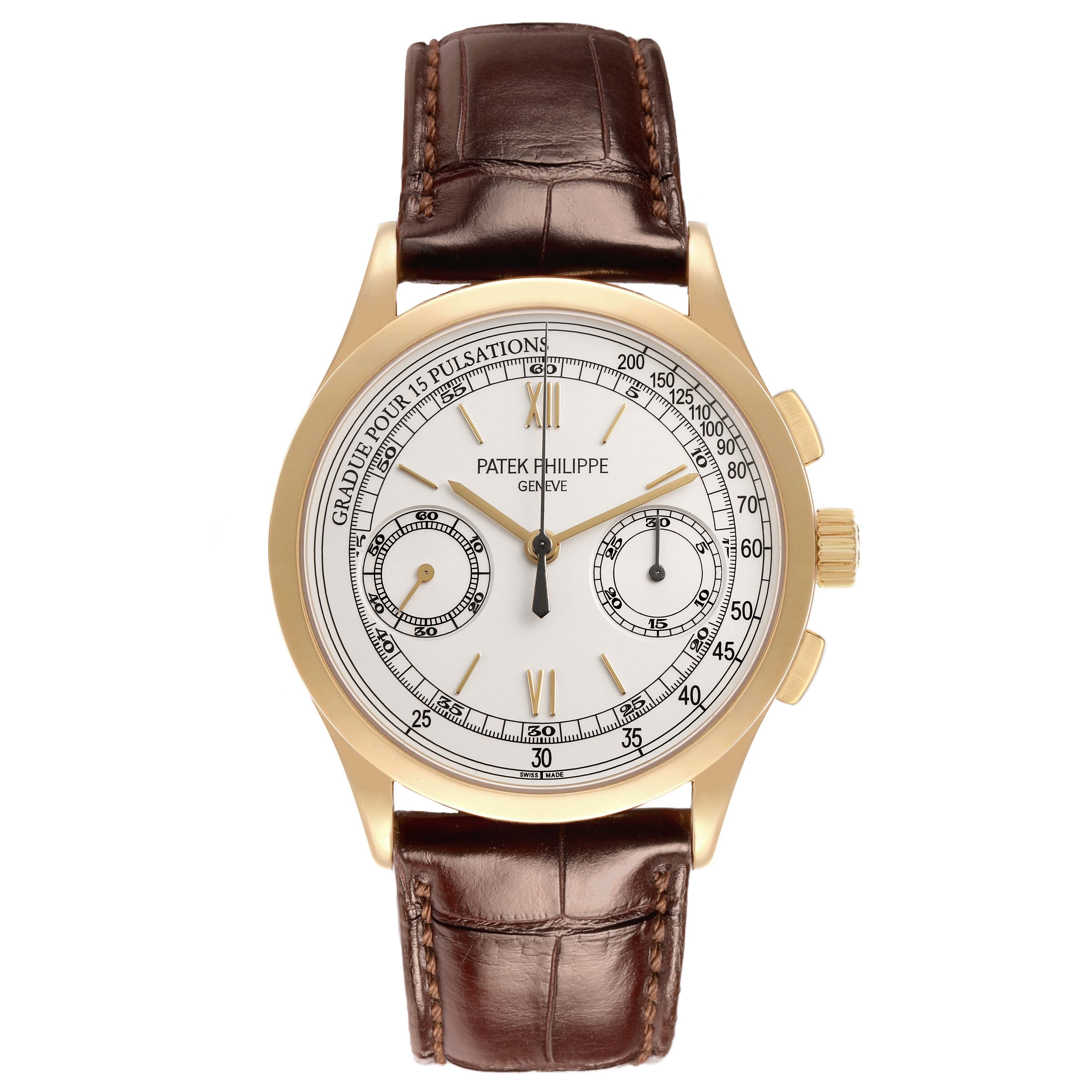 The Patek Philippe Complications 5170J-001 Men's Yellow Gold Silver Dial watch is shown from a front angle, displaying its gold case, white dial, and brown leather strap.