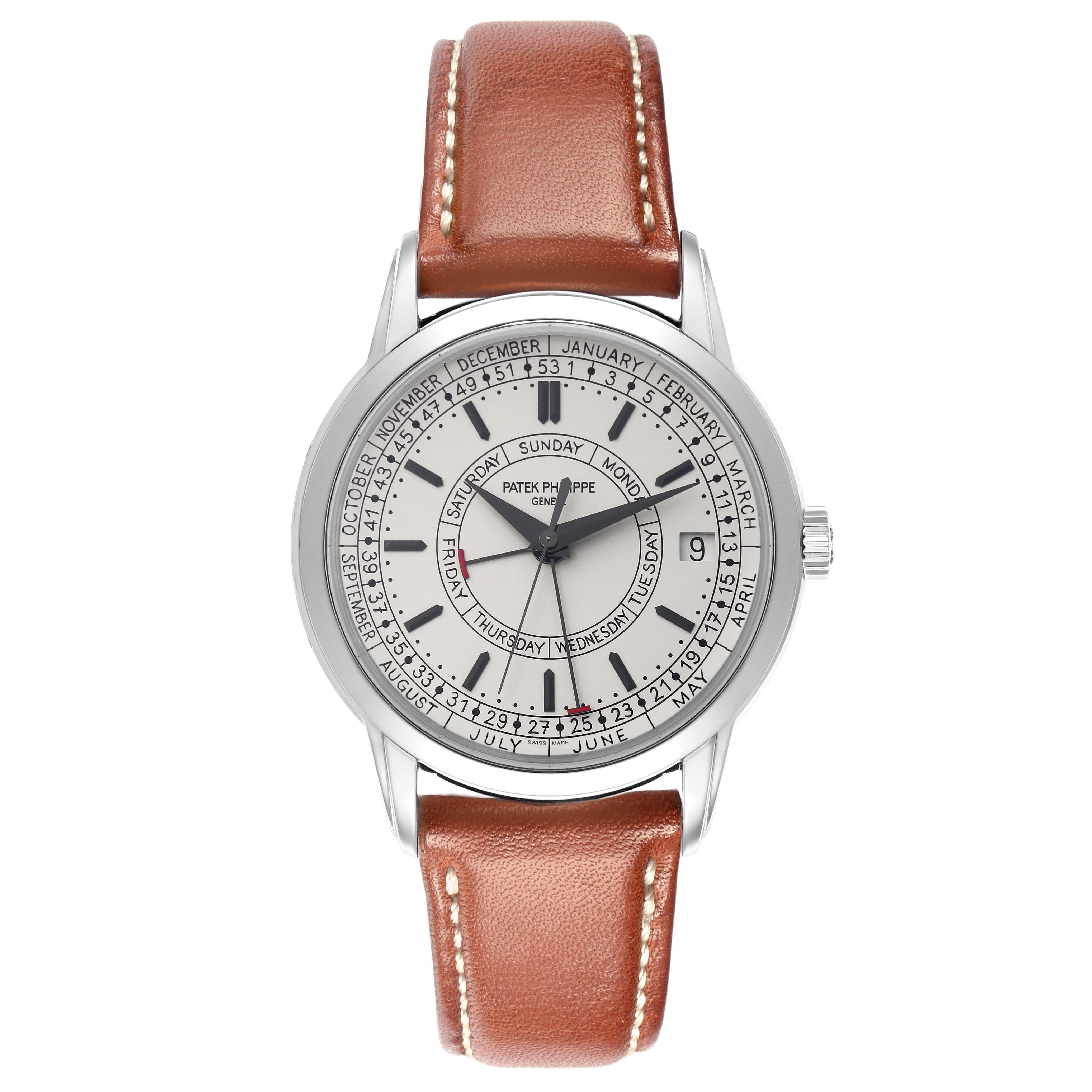 The image shows a Patek Philippe Complications 5212A-001 Men
s Stainless Steel Silver Dial 5212A-001 Men
s Stainless Steel Silver Dial watch from a front angle, displaying the dial, leather strap, and crown.