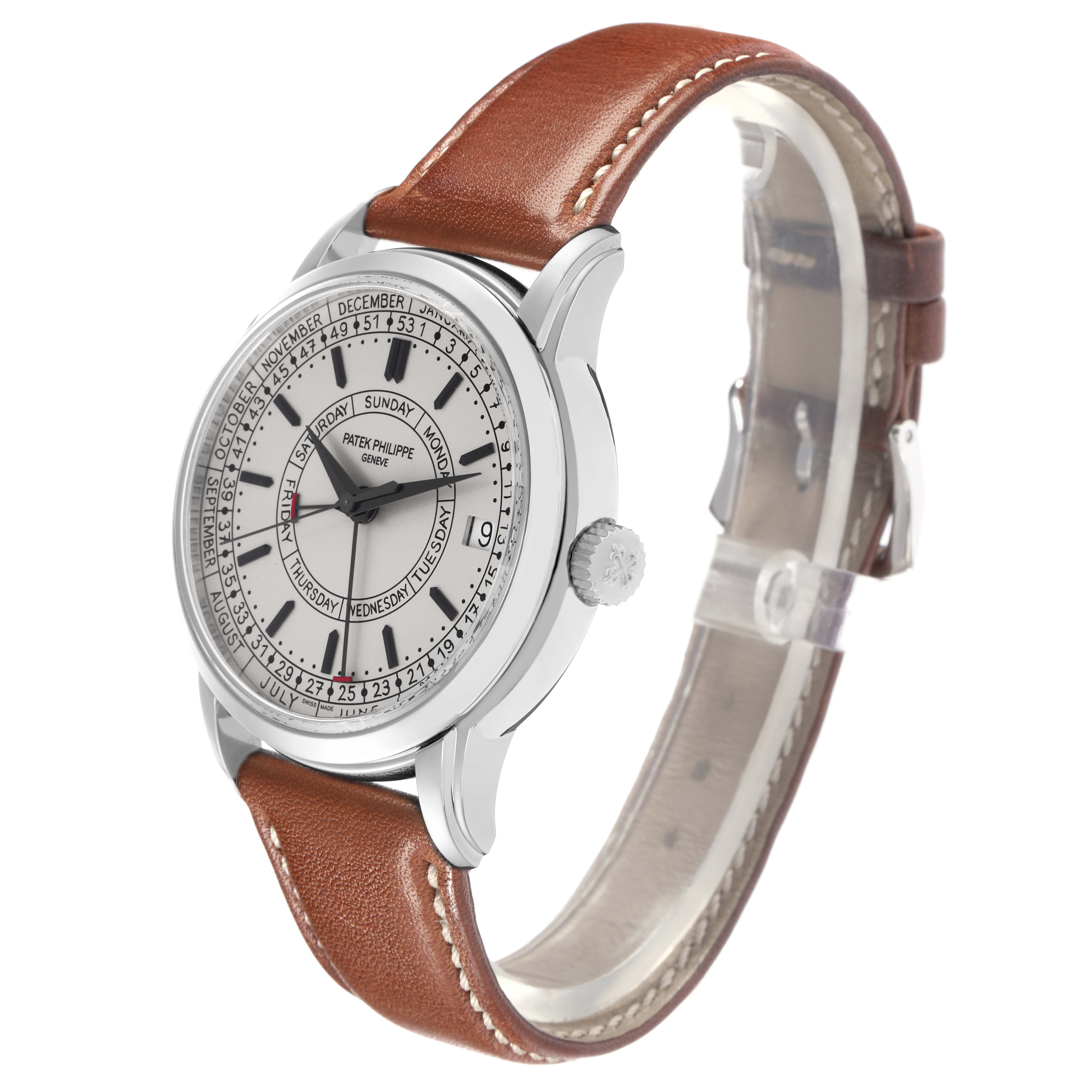 The Patek Philippe Complications 5212A-001 Men
s Stainless Steel Silver Dial 5212A-001 Men
s Stainless Steel Silver Dial model watch is shown at a three-quarter angle, highlighting the face, dial, crown, and brown leather strap.