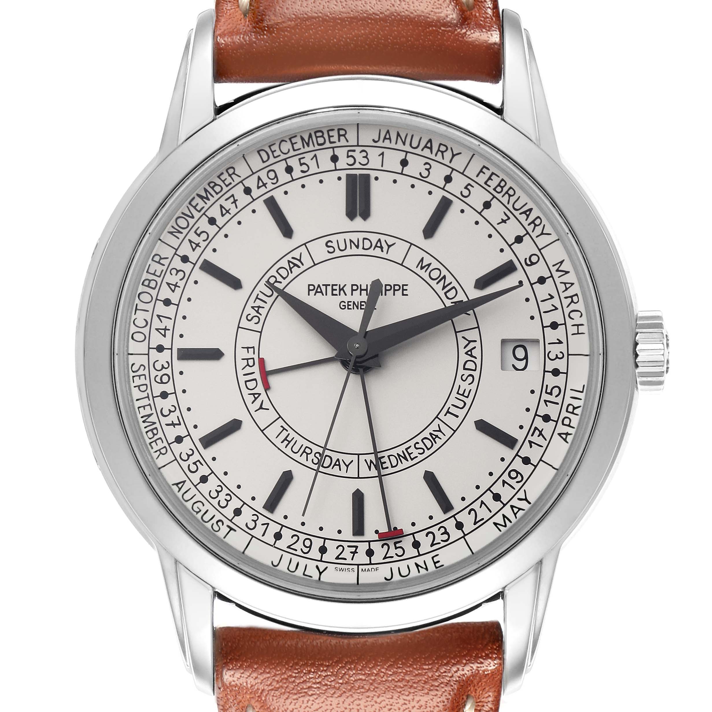 The Patek Philippe Complications 5212A-001 Men
s Stainless Steel Silver Dial 5212A-001 Men
s Stainless Steel Silver Dial watch is shown from the front, displaying the day, date, month, and central hands.