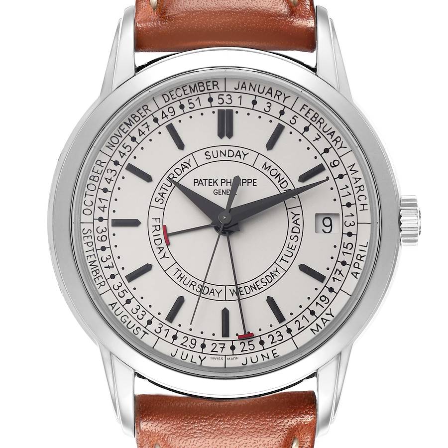 The Patek Philippe Complications watch is shown from the front, displaying the day, date, month, and central hands.