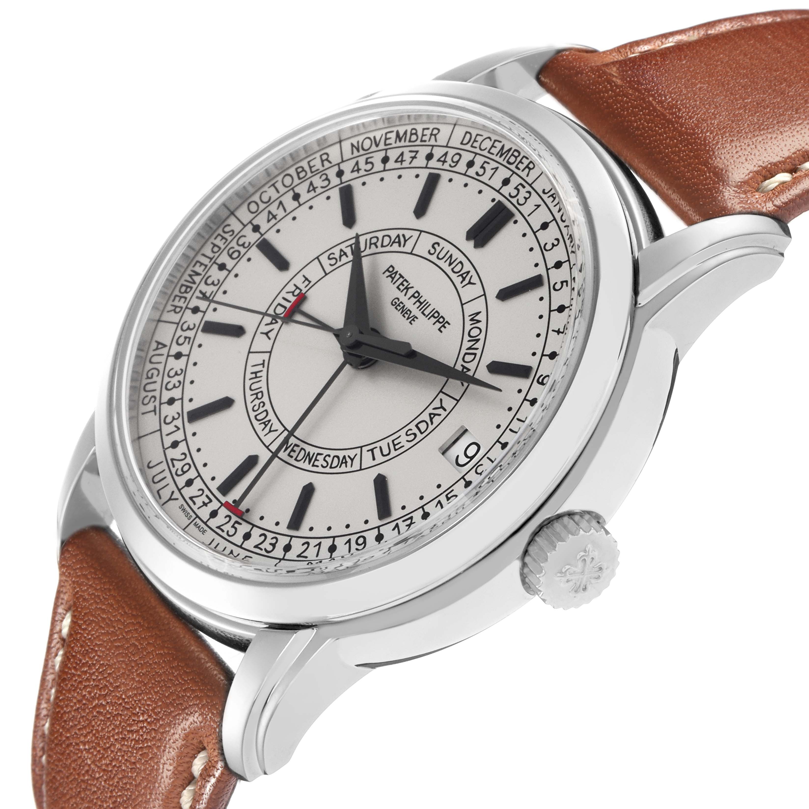 The Patek Philippe Complications 5212A-001 Men
s Stainless Steel Silver Dial 5212A-001 Men
s Stainless Steel Silver Dial watch is shown at an angle showcasing the dial, case, crown, and leather strap.