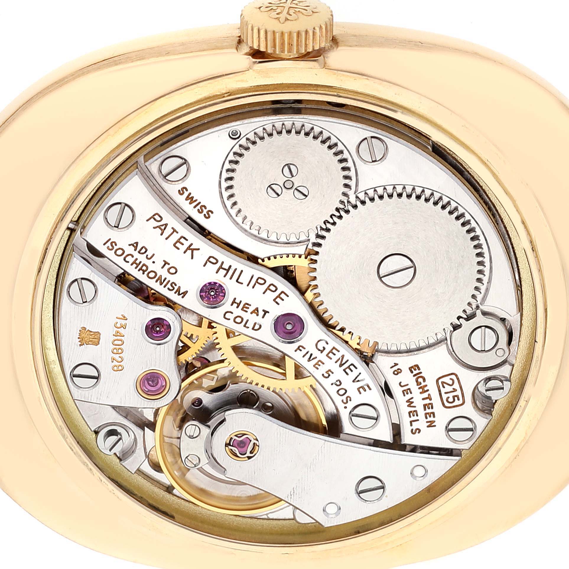 The image shows the intricate internal mechanism of the Patek Philippe Golden Ellipse 3848/17 Men's Yellow Gold Champagne Dial 3848/17 Men's Yellow Gold Champagne Dial watch from a close-up, top-down angle.