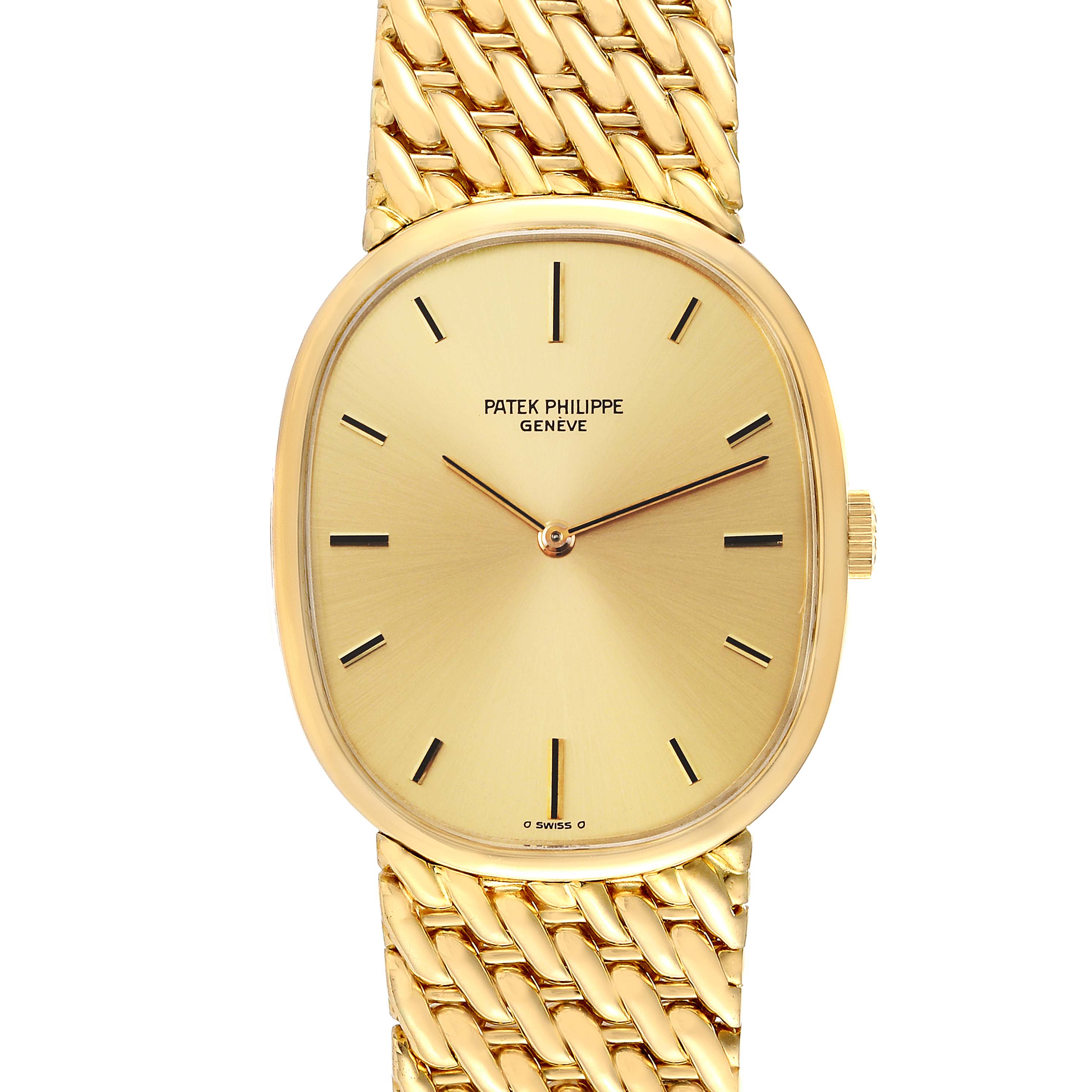 This is a straight-on view of a Patek Philippe Golden Ellipse 3848/17 Men's Yellow Gold Champagne Dial 3848/17 Men's Yellow Gold Champagne Dial watch, showing the face, case, and part of the bracelet.