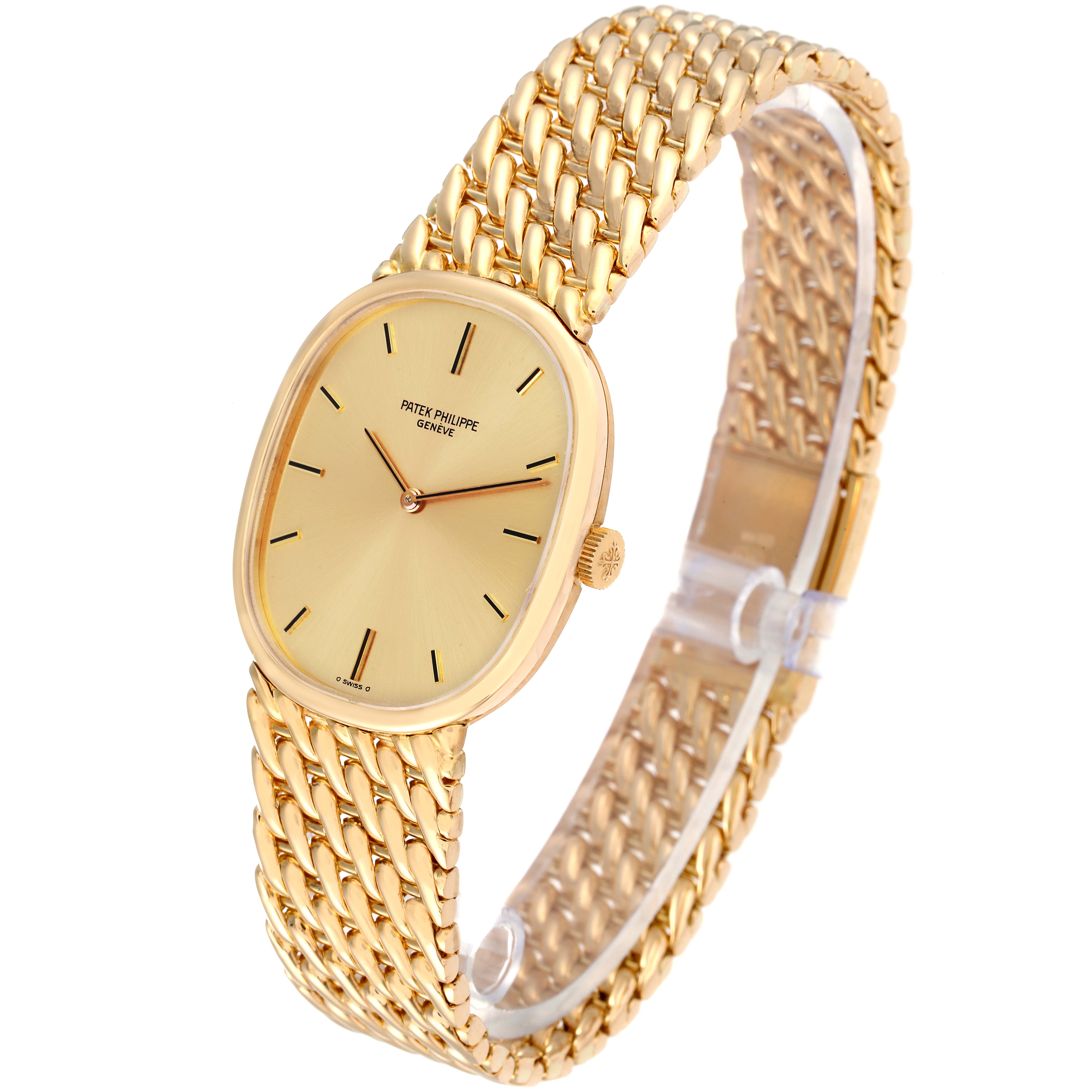 This image shows a Patek Philippe Golden Ellipse 3848/17 Men's Yellow Gold Champagne Dial 3848/17 Men's Yellow Gold Champagne Dial watch at a three-quarter angle, highlighting its dial, case, crown, and woven bracelet.