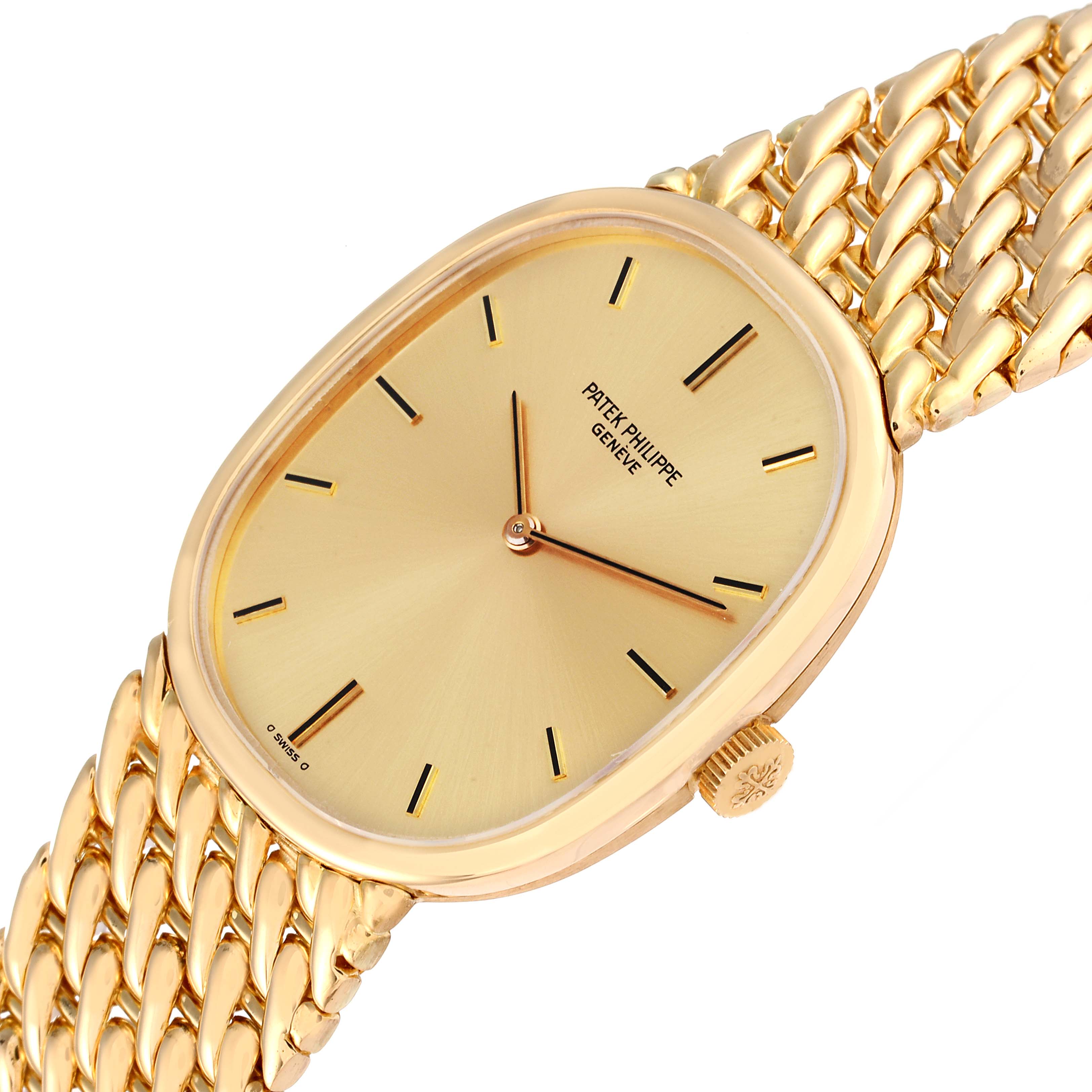 The image shows a close-up, diagonal view of the Patek Philippe Golden Ellipse 3848/17 Men's Yellow Gold Champagne Dial 3848/17 Men's Yellow Gold Champagne Dial watch, highlighting the dial, hands, and gold bracelet.