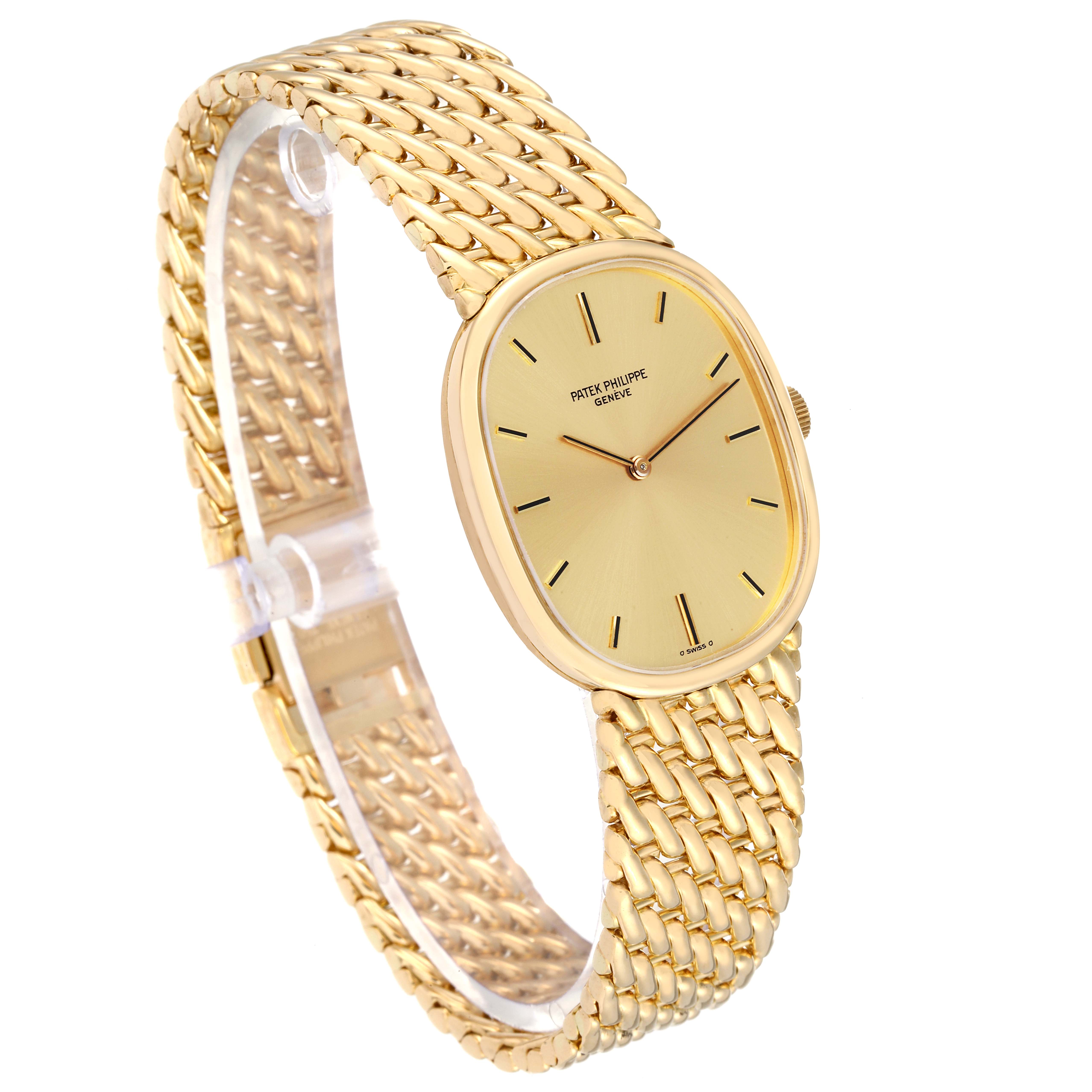 The watch is a Patek Philippe Golden Ellipse 3848/17 Men's Yellow Gold Champagne Dial 3848/17 Men's Yellow Gold Champagne Dial model, shown at a side angle, displaying its oval dial and woven gold bracelet.