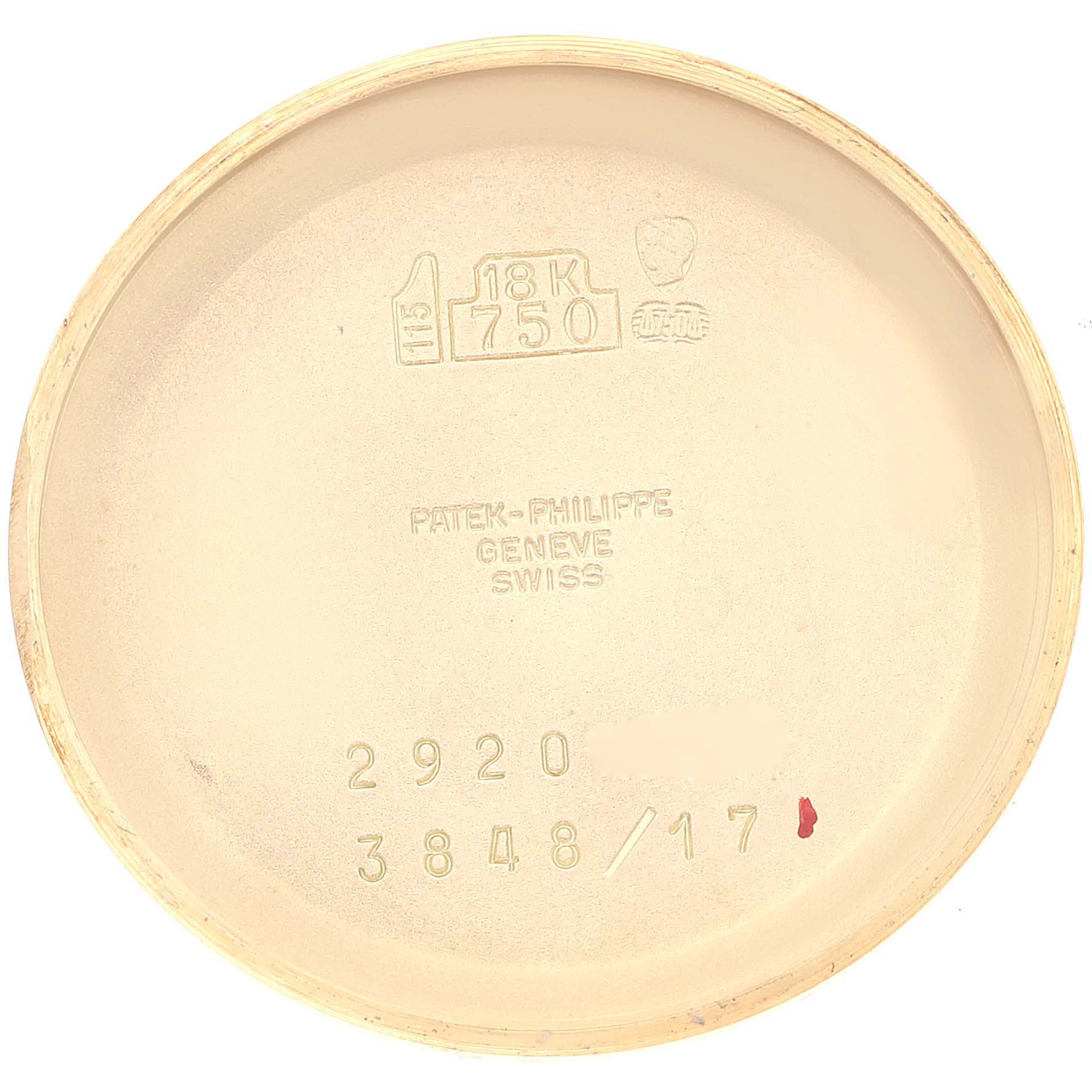 The image shows the inner case back of a Patek Philippe Golden Ellipse 3848/17 Men's Yellow Gold Champagne Dial 3848/17 Men's Yellow Gold Champagne Dial watch.