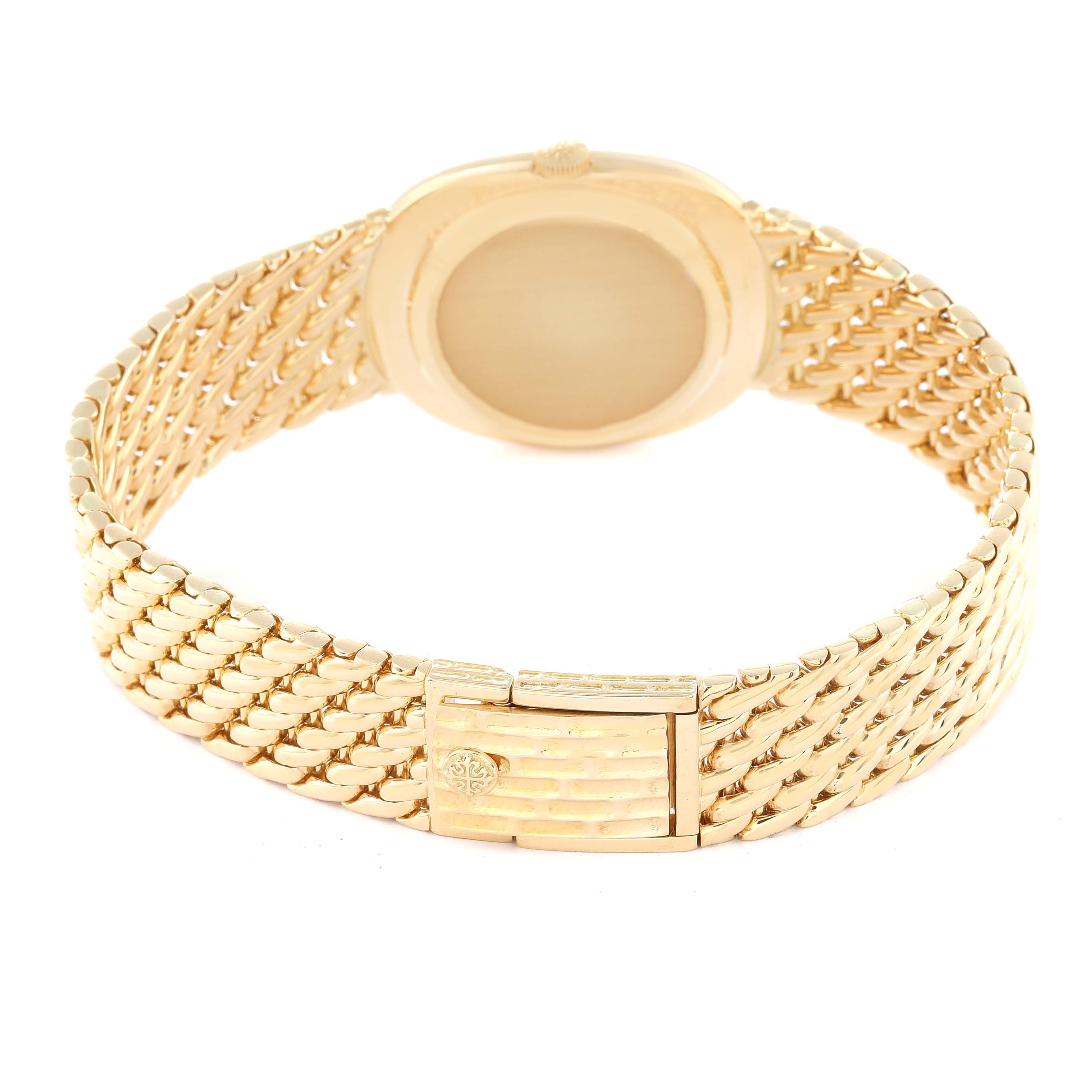 The image shows the back view of the Patek Philippe Golden Ellipse 3848/17 Men's Yellow Gold Champagne Dial 3848/17 Men's Yellow Gold Champagne Dial watch, highlighting its gold bracelet and clasp.