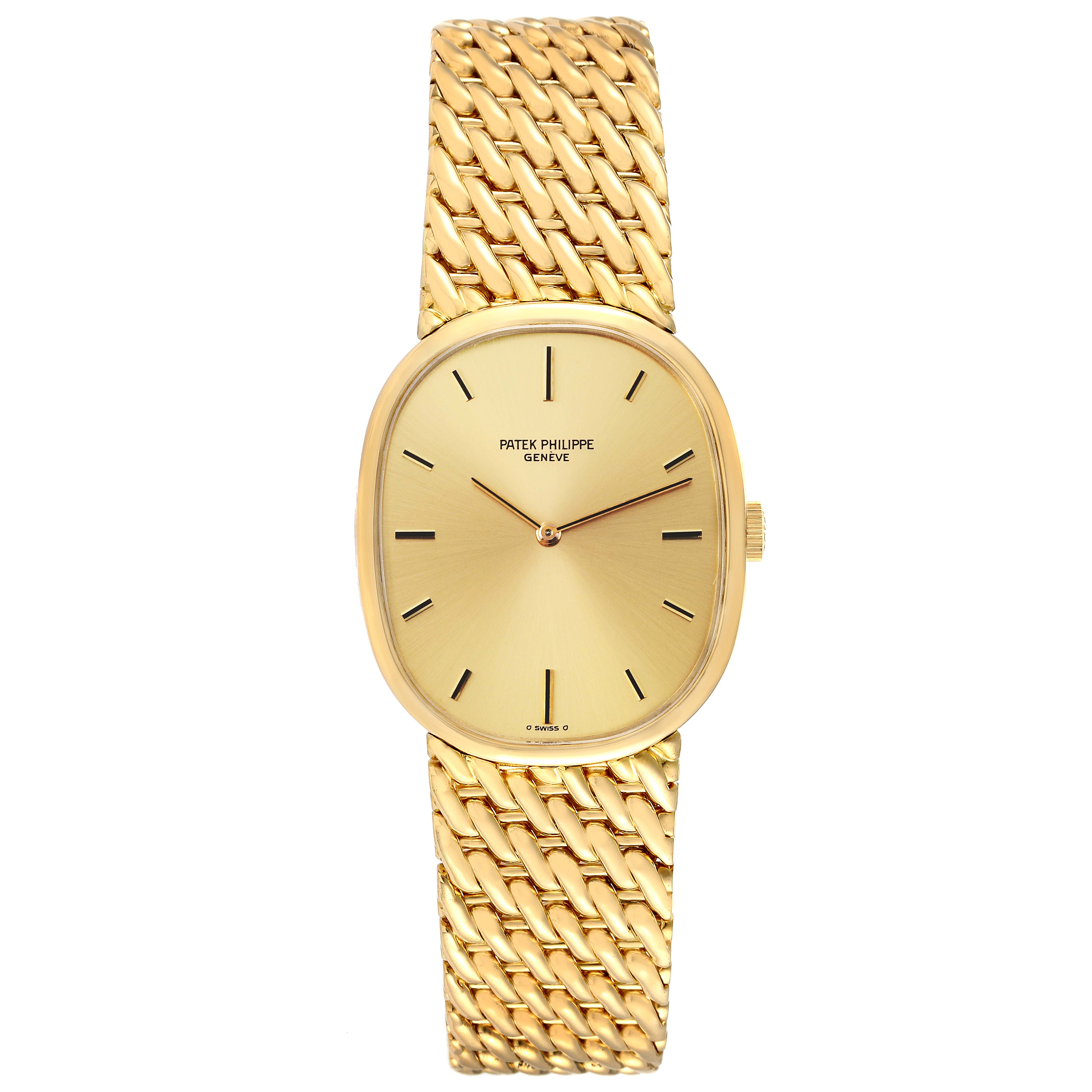 The image shows a front view of the Golden Ellipse watch by Patek Philippe, highlighting its dial and woven bracelet.
