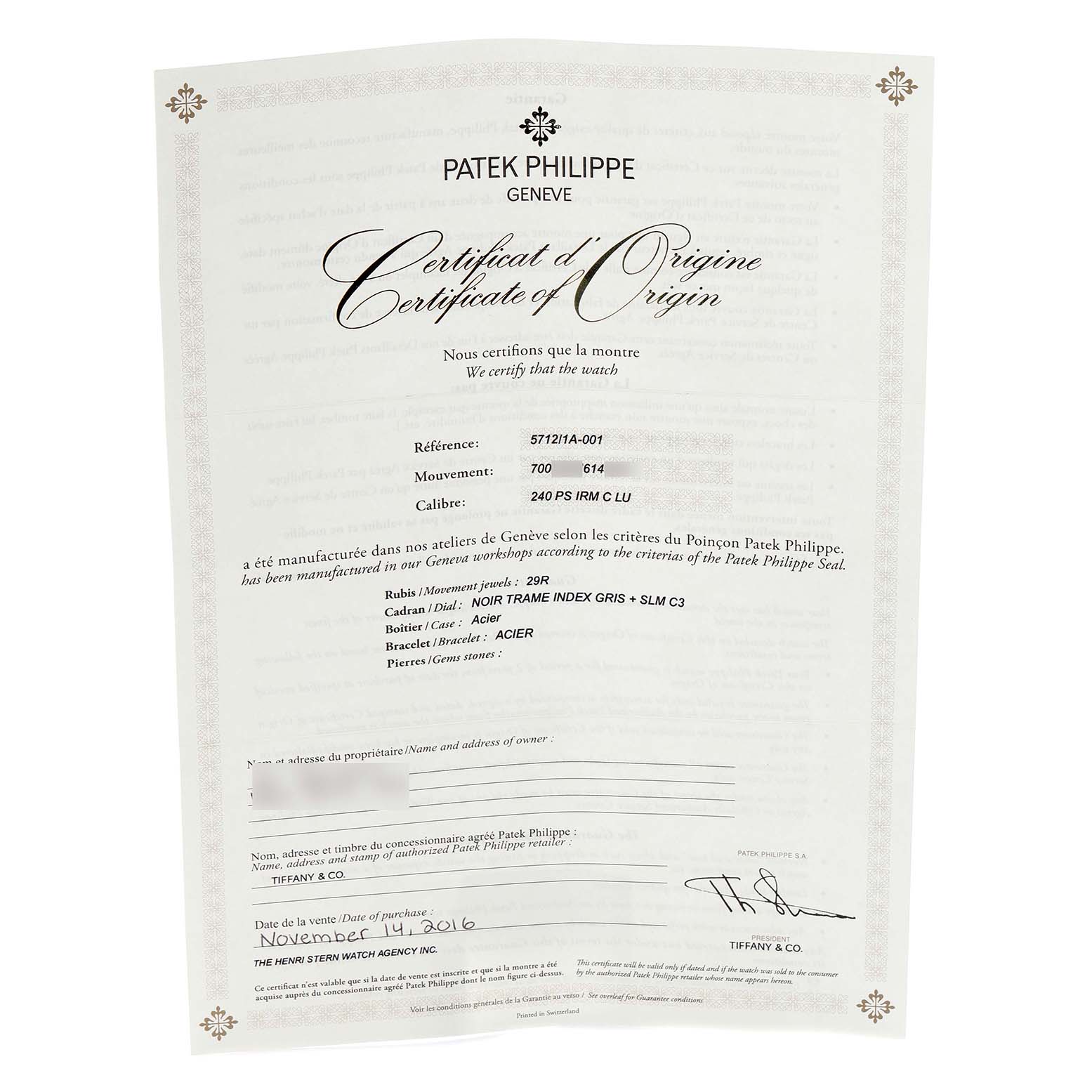 The image shows a Certificate of Origin for a Patek Philippe Nautilus 5712/1A-001 Men
s Stainless Steel Blue Dial 5712/1A-001 Men
s Stainless Steel Blue Dial watch, listing its specifications and purchase details.