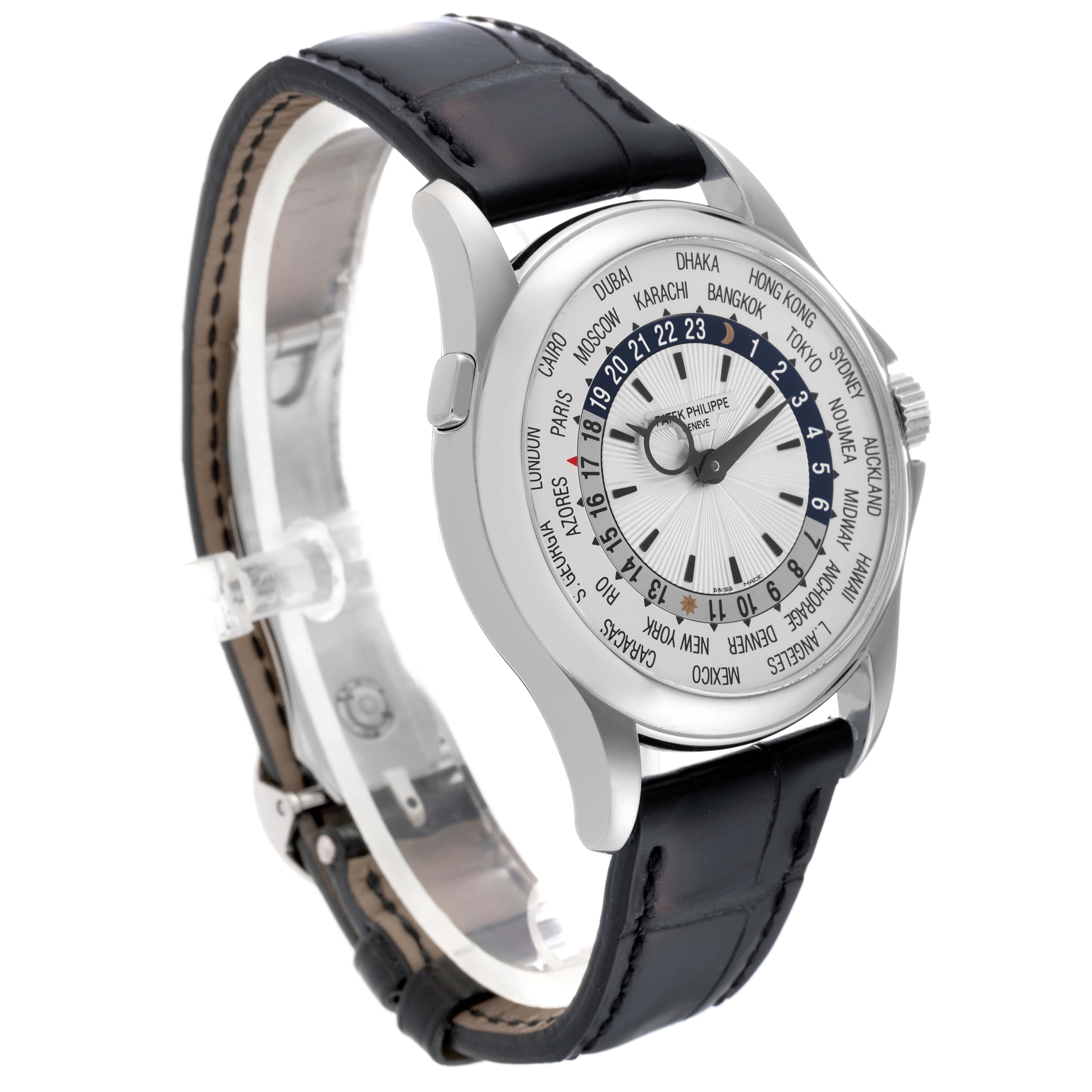 The Patek Philippe Complications 5130G Men
s White Gold Silver Dial 5130G Men
s White Gold Silver Dial watch is shown at a front angle, displaying its face, bezel, and black leather strap.