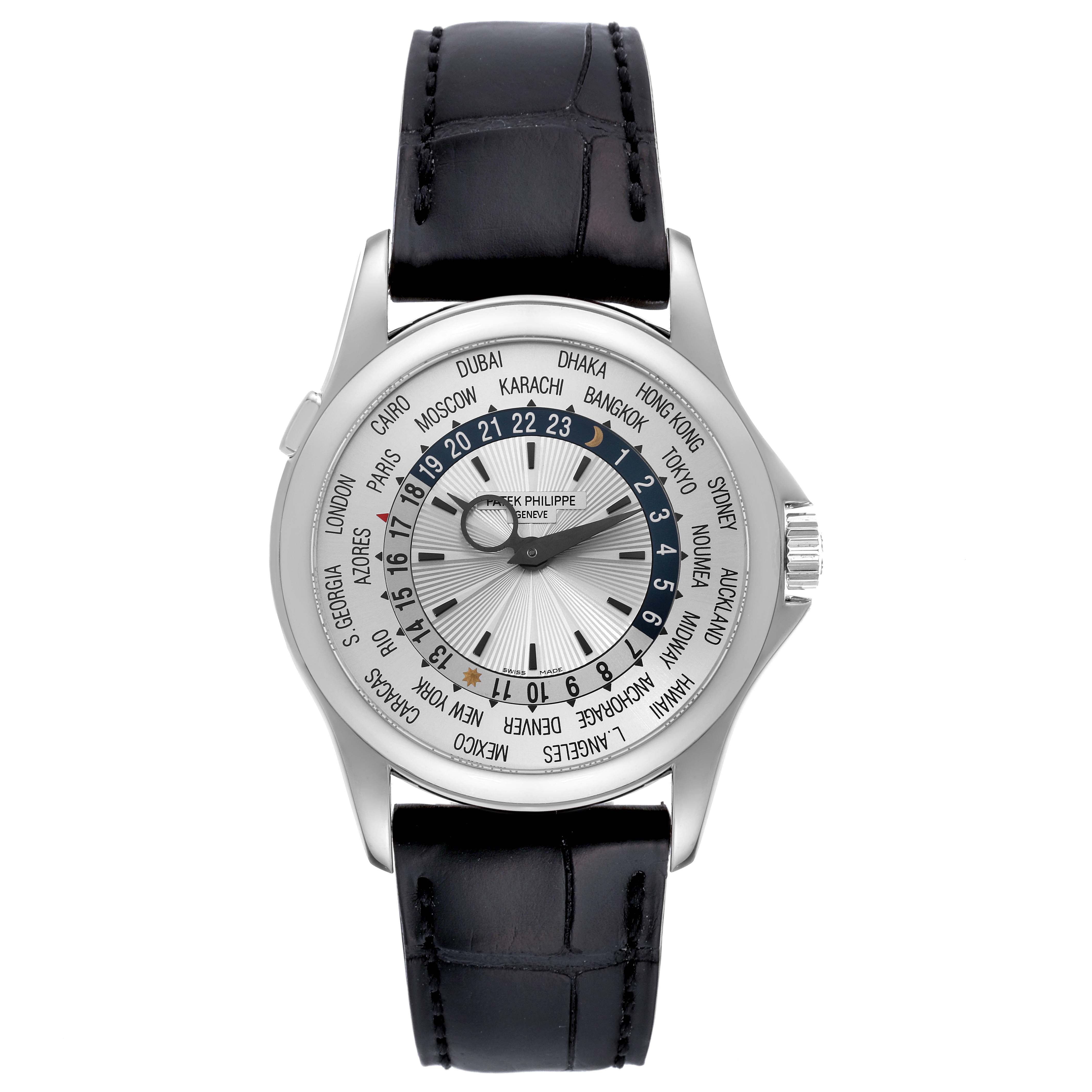 The image shows a front view of the Patek Philippe Complications 5130G Men
s White Gold Silver Dial 5130G Men
s White Gold Silver Dial watch, displaying its dial, hands, bezel, and leather strap.