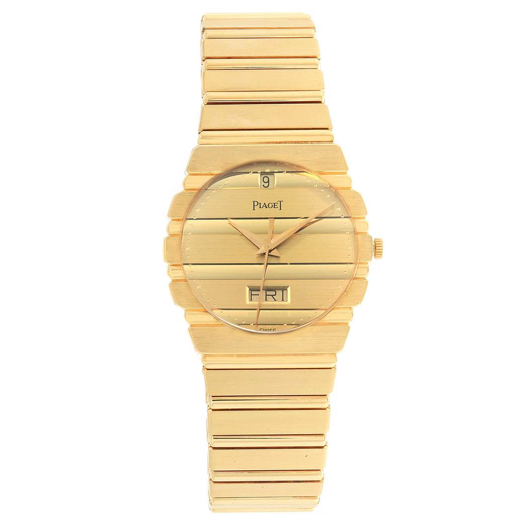 The image shows a front view of the Piaget Men's Yellow Gold Champagne Dial Men's Yellow Gold Champagne Dial Polo 18K Yellow Gold Day Date Men's Watch 15562c701, displaying the dial, hands, and bracelet.